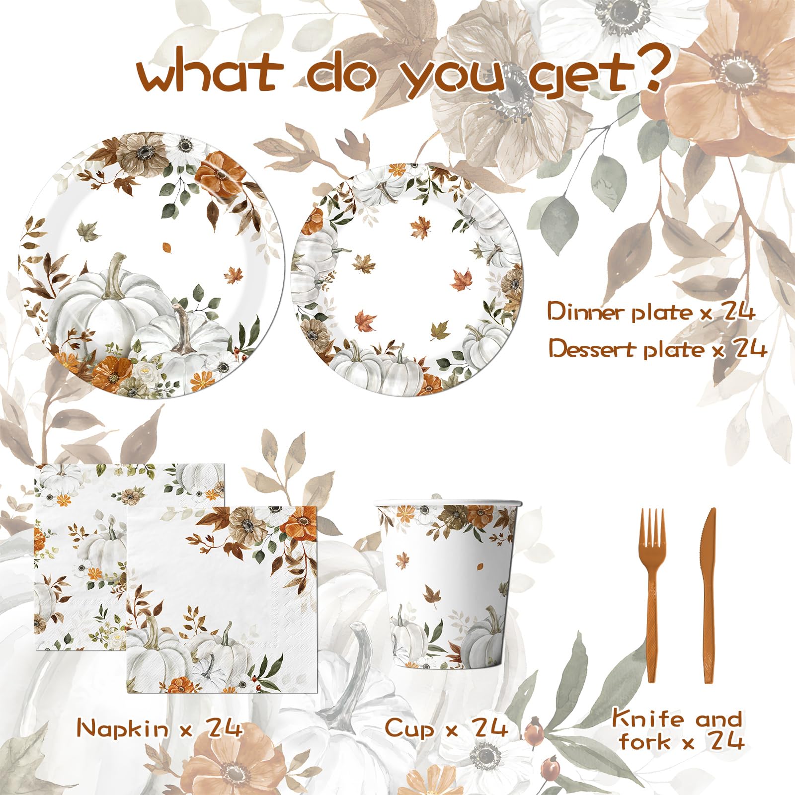 24 Sets Fall Paper Plates and Napkins,Little Pumpkin Baby Shower Decorations,Autumn-Themed Disposable Tableware for Thanksgiving