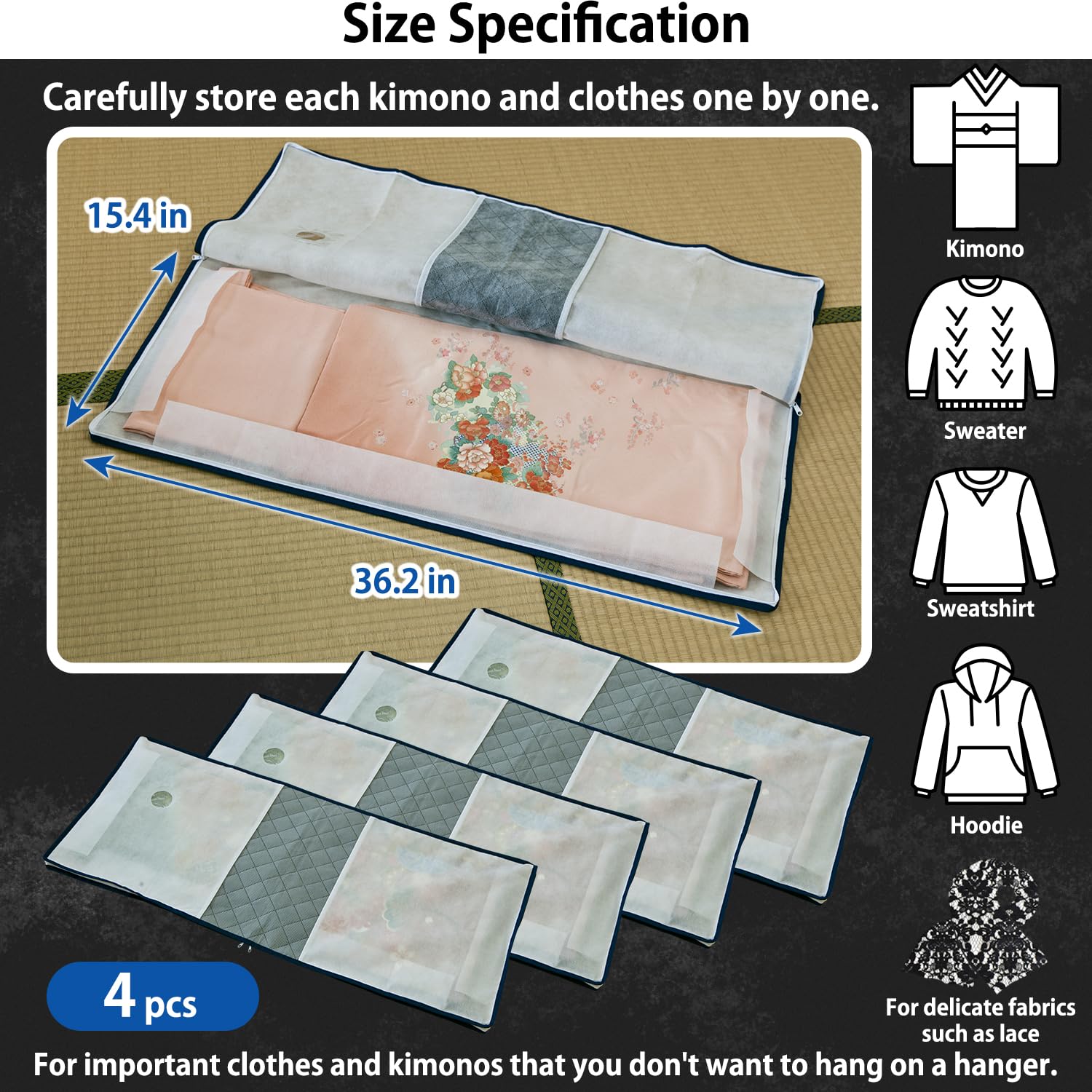 ASTRO Kimono Storage Case, Underbed Storage, 4-Piece Set, Activated Carbon, Zipper Closure, Window, Breathable Non-Woven Fabric,