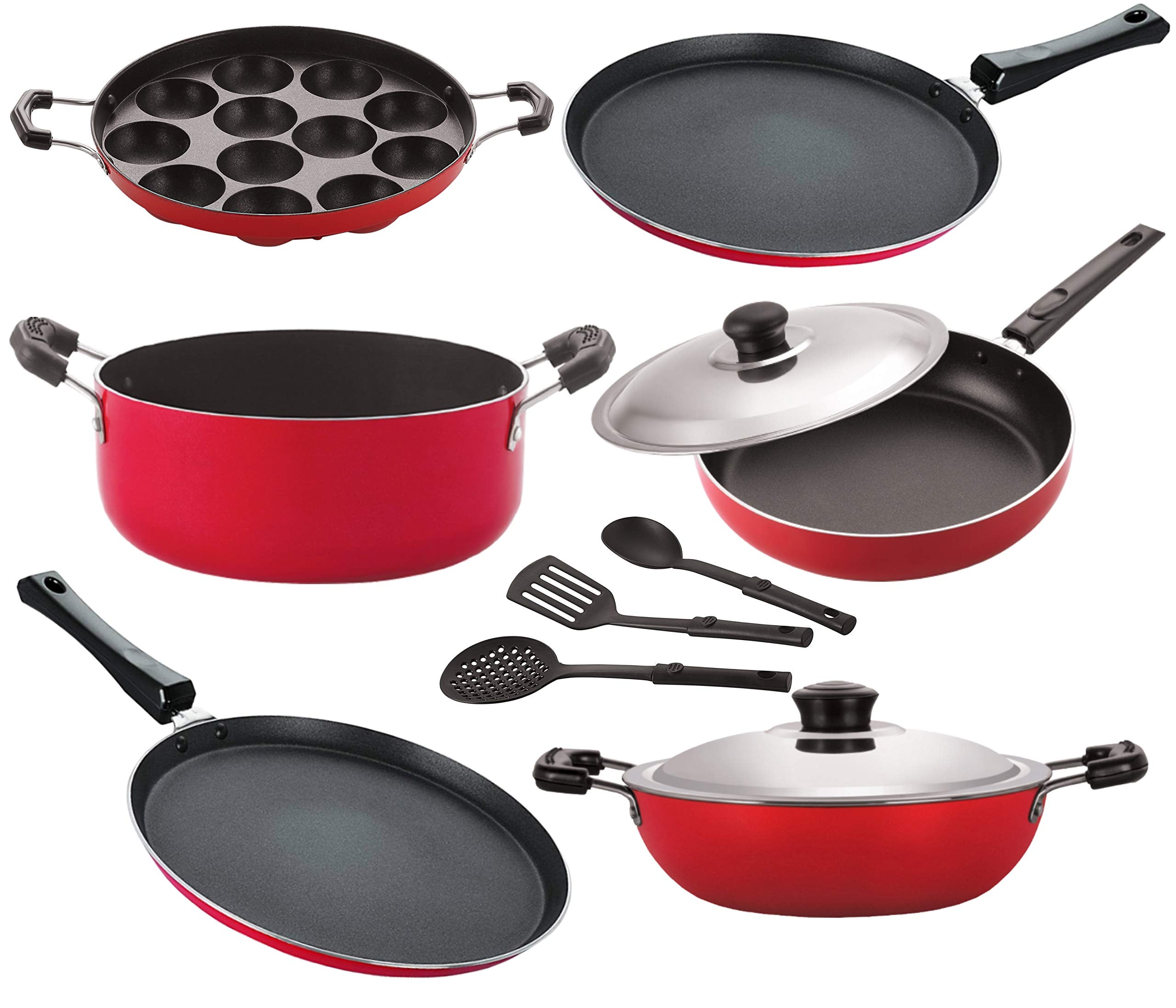 Nirlon Dishwasher Safe Non Stick Cookware Pots And Pans Set Of 9 Pieces |26_Ft13_Dkdm_Ap_Ft11_Cass20_Fp12_3Spn