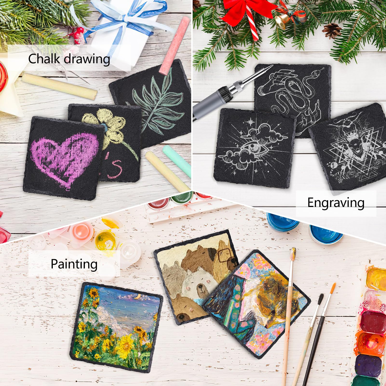 12 Pcs Square Slate Drink Coasters Set, Sijdiee 4 Inch Laser Engraving Black Slate Stone Coasters With Anti-Scratch Bottom And C