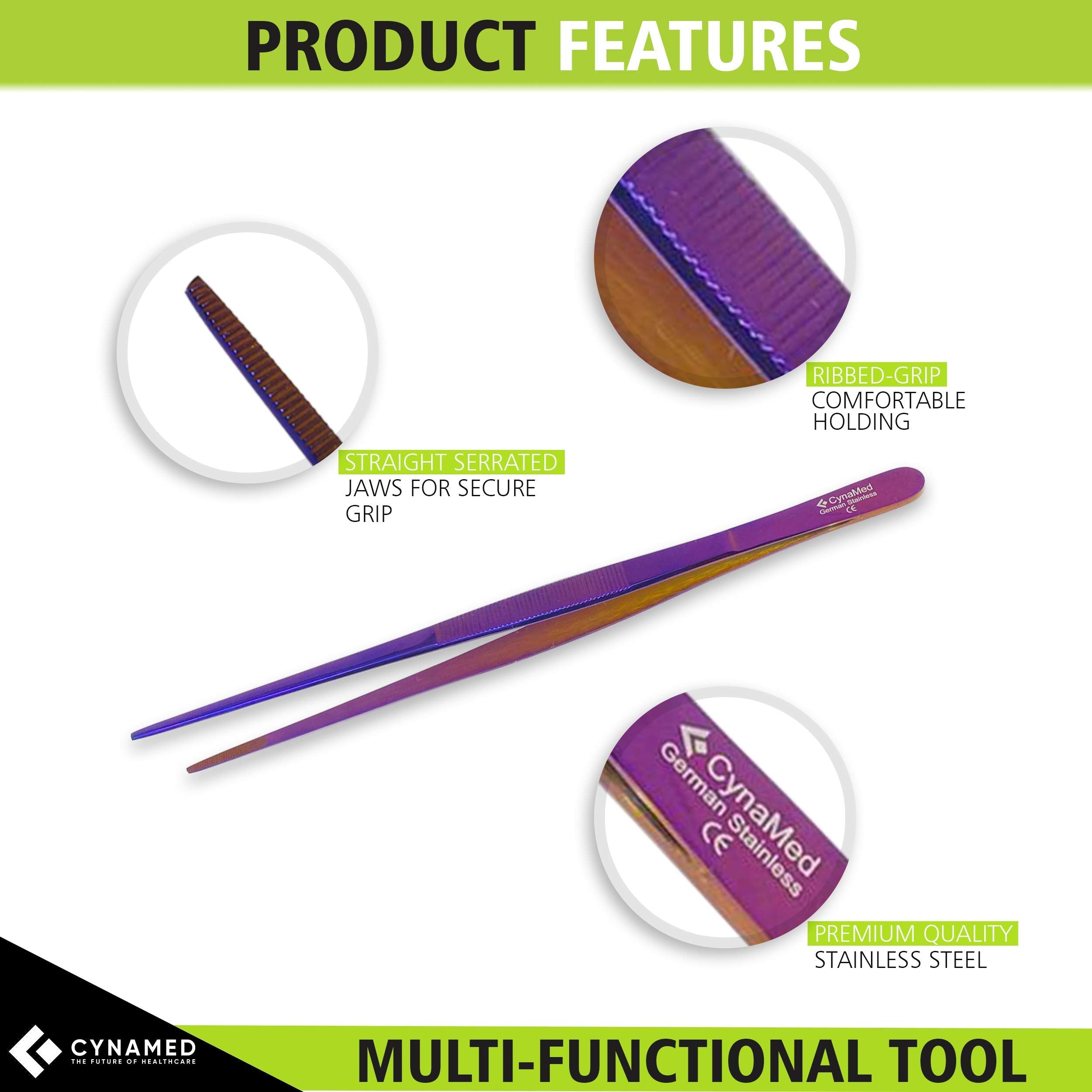 Cynamed 10    Kitchen Premium Tongs Tweezers Stainless Steel, Long With Precision Serrated Tips (Purple)