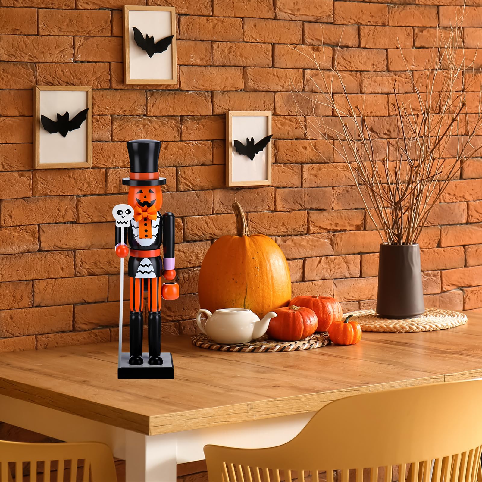 Blosssound Halloween Pumpkin Nutcracker Decorations Wooden Nutcracker Soldier Figurine Skull Design Ornament for Table Desktop H