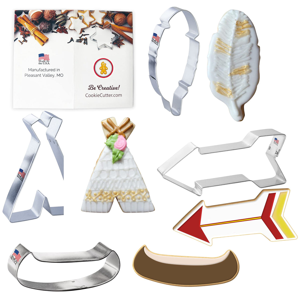 Foose Native Tribal Cookie Cutter Set - 4.5 In Feather, 4 In Canoe, 4 In Tepee, 4.5 In Arrow - Usa Made - Cookie Recipe Included