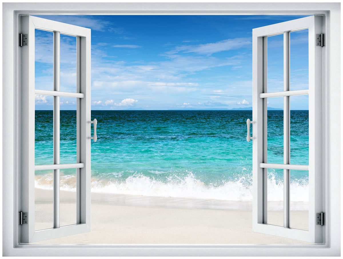 Wall26 Removable Wall Sticker/Wall Mural Window View Tropical Teal Ocean Sea Beach Shore Paradise Nature Wilderness Photography