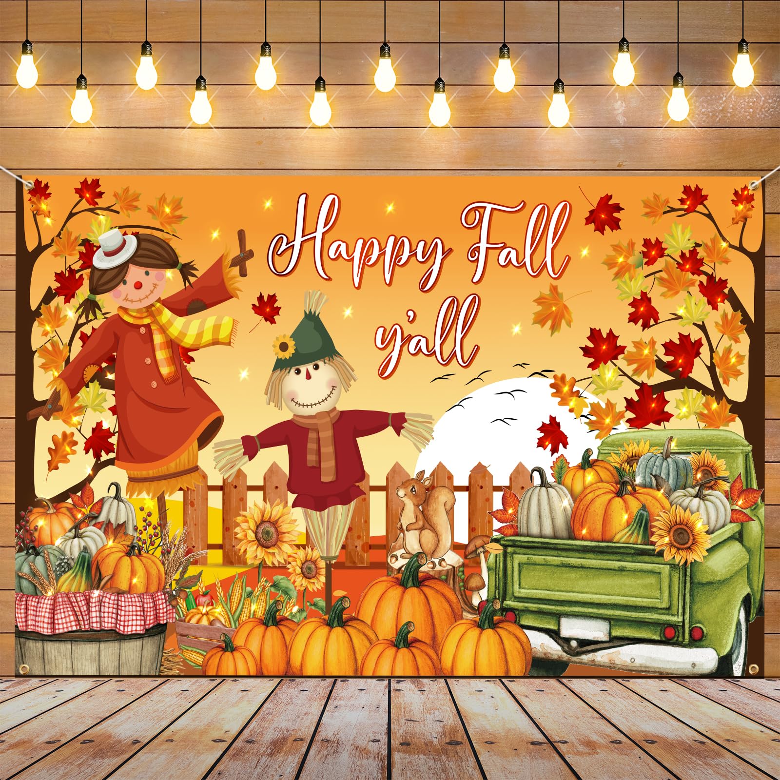 Happy Fall Yall Backdrop Decorations, Large Polyester Scarecrow Maple Leaves Fall Backdrops Banner for Photography Thanksgiving
