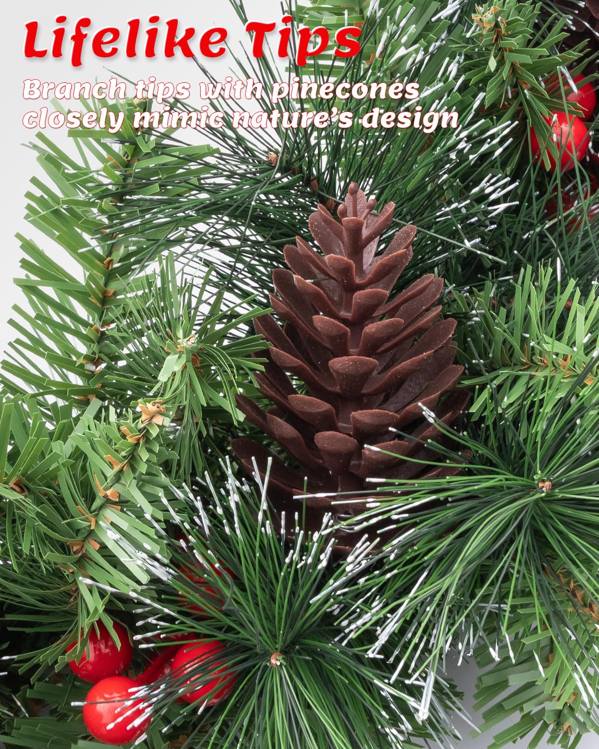 9ft Christmas Garland with Snow, Pinecones, Red Berry,50 Battery Operated Soft White LED Lights with Timer,Artificial Holiday De