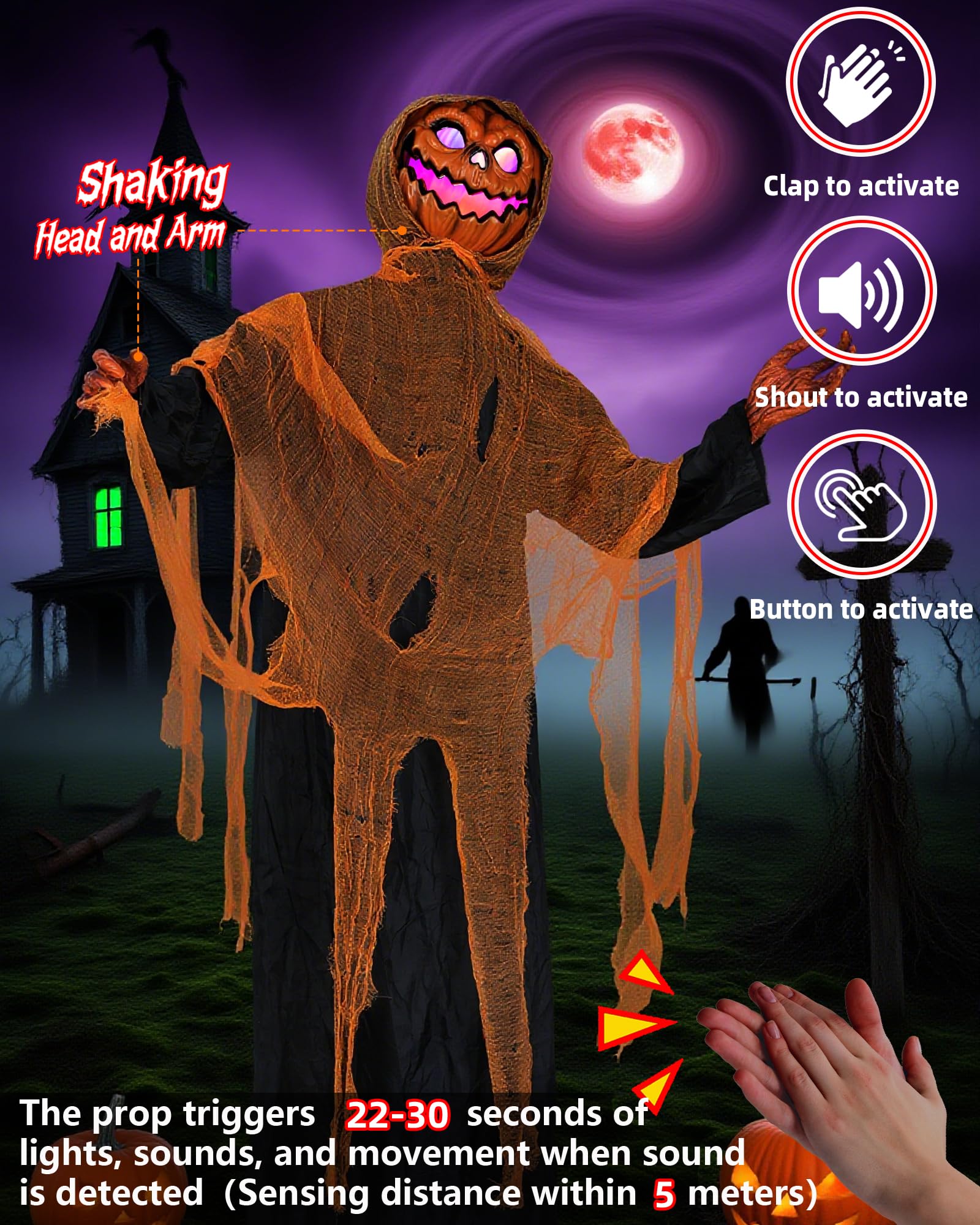 Joomer Animated Halloween Decorations Outdoor, Life-Size Animatronic Standing Pumpkin Man Decoration with Spooky Sound Activated