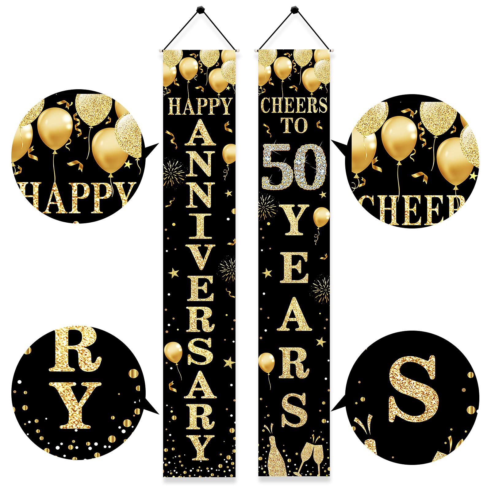 Happy 50Th Anniversary Door Banner Decorations, 50 Wedding Anniversary Cheers To 50 Years Party Supplies, Black Gold Fifty Anniv