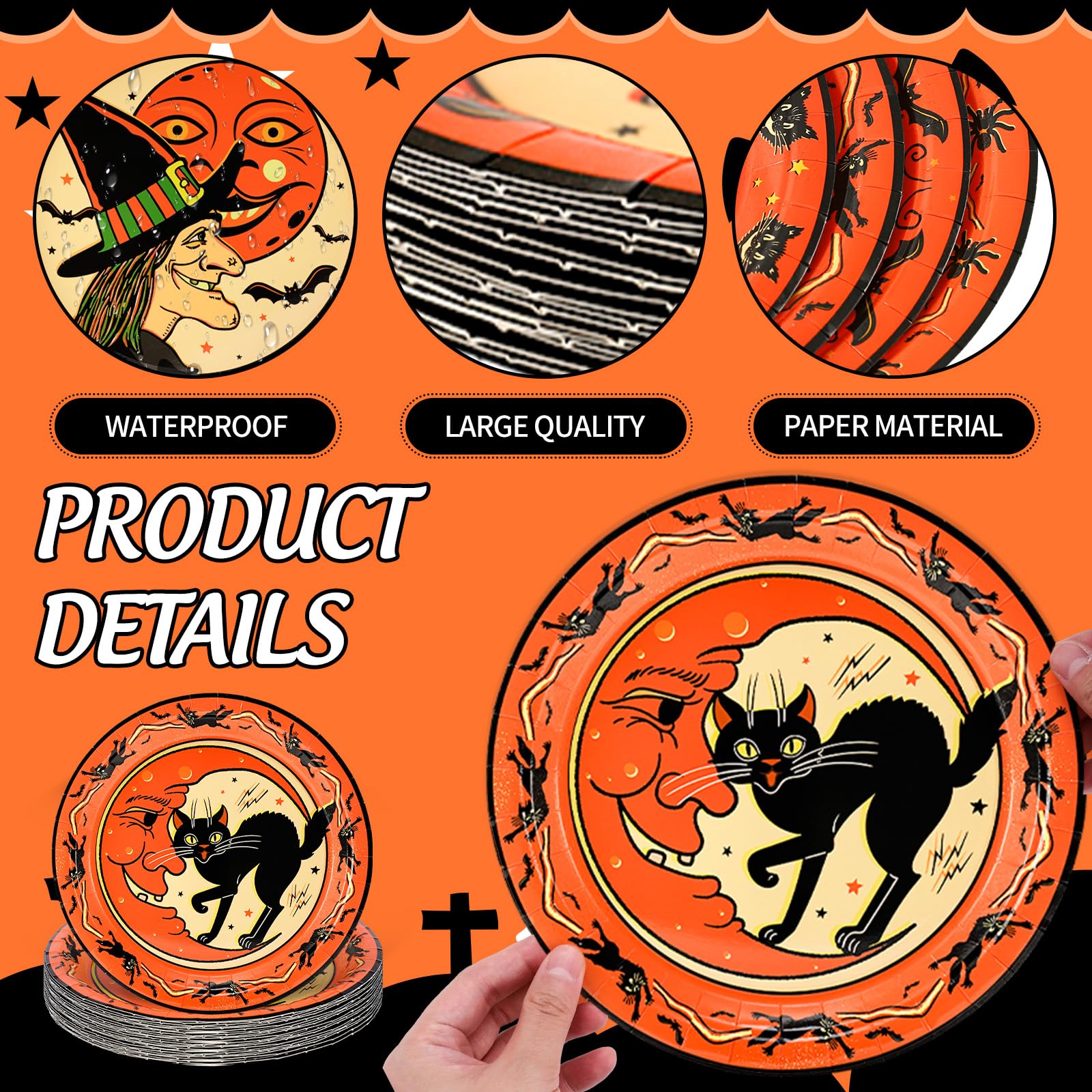 24 Pcs Halloween Paper Plates 9 In Black Cat Witch Pumpkin Ghost Plates Orange Black Spooky Halloween Party Plate Vintage Dispos