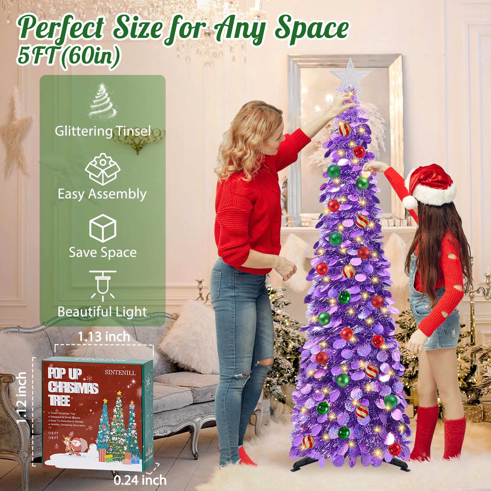 SINTENILL 5 FT Pop Up Christmas Tree with Timer Lights and Decorations, Purple Artificial Tinsel Christmas Tree with 24 Ball Orn