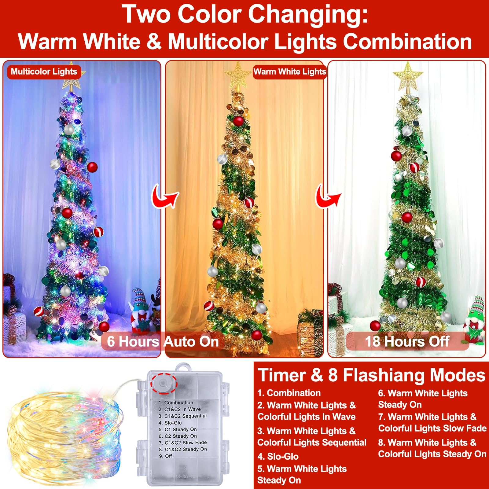 Dual Color Switch&Timer 5 Ft Gold Pop Up Christmas Tree with 50 Warm White&Color Lights 8 Modes, Tinsel Pencil Collapsible Xmas