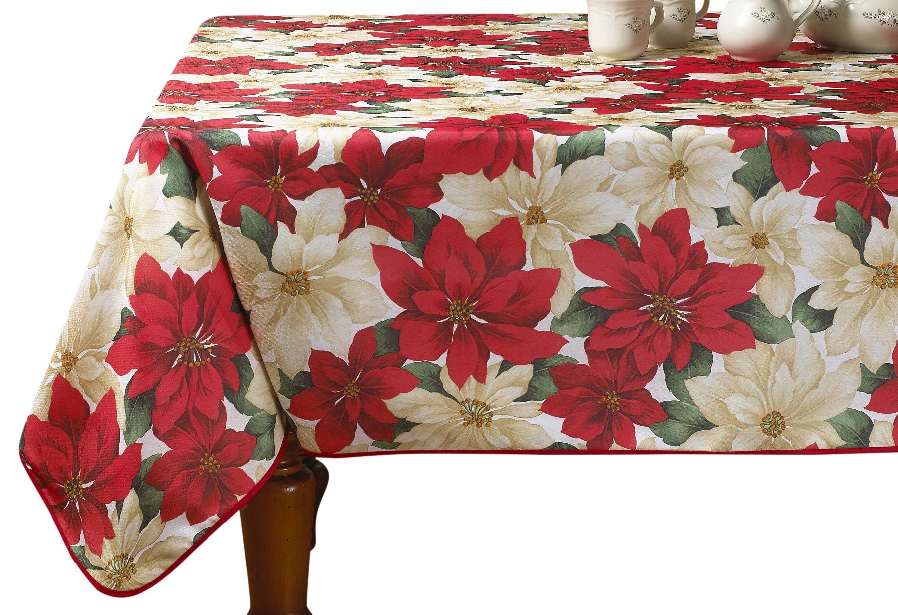 Violet Linen European Holiday Christmas Poinsettia Floral Design Printed Tablecloth - Beige - 60'' By 84'' Oblong/Rectangle