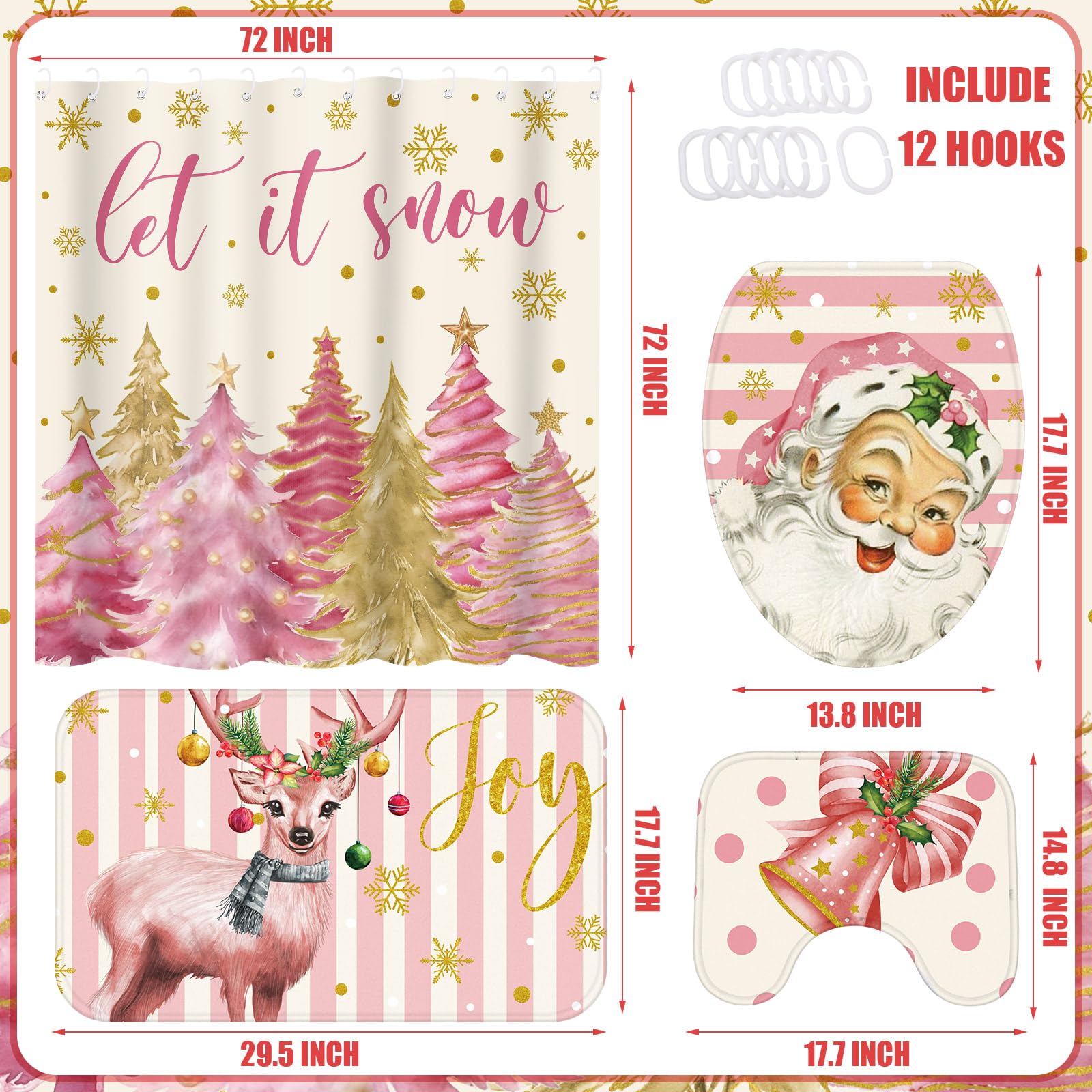 Preboun Pink Christmas Tree Shower Curtain Set 72 X 72 In Xmas Bathroom Curtain With 12 Hooks Non Slip Rug Toilet Lid Cover And