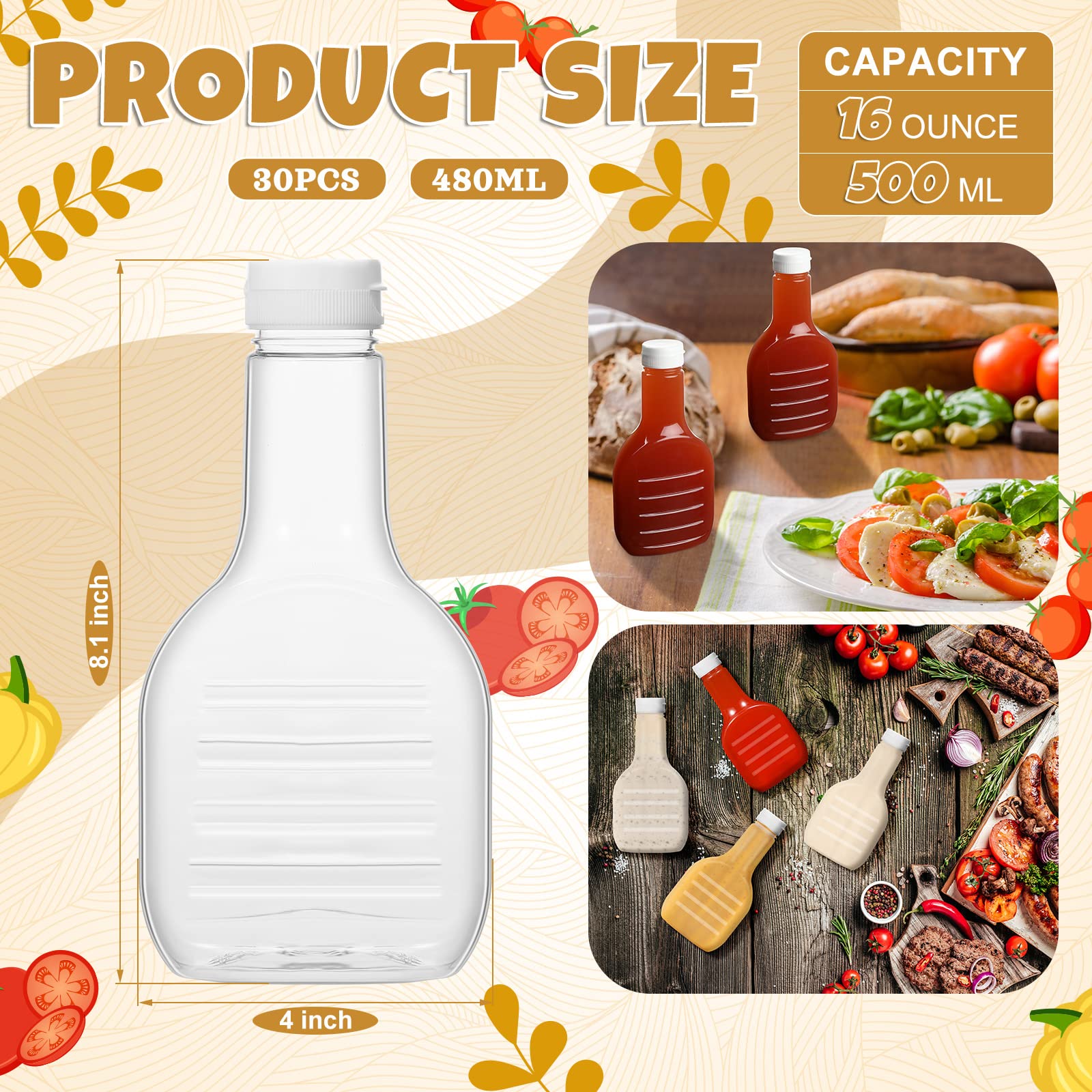 Roshtia 30 Pack 16Oz Salad Dressing Bottles Bulk Clear Plastic Sauce Bottle Condiment Squeeze Bottle Ketchup Squeeze Squirt Bott