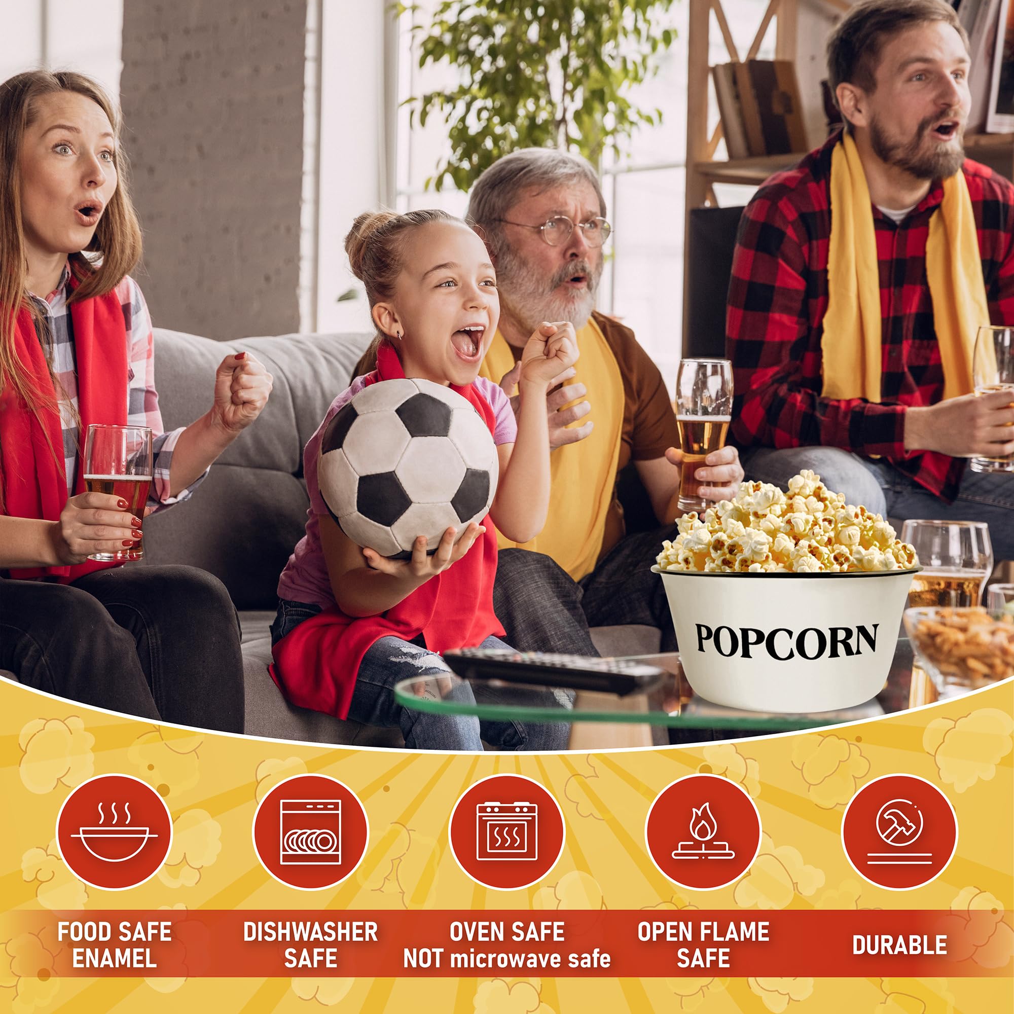 Cwi 3.7-Quart Enamelware Popcorn Bowl - Round White Dish With Black Touches For Cinema Nights And Camping - Classic White With B