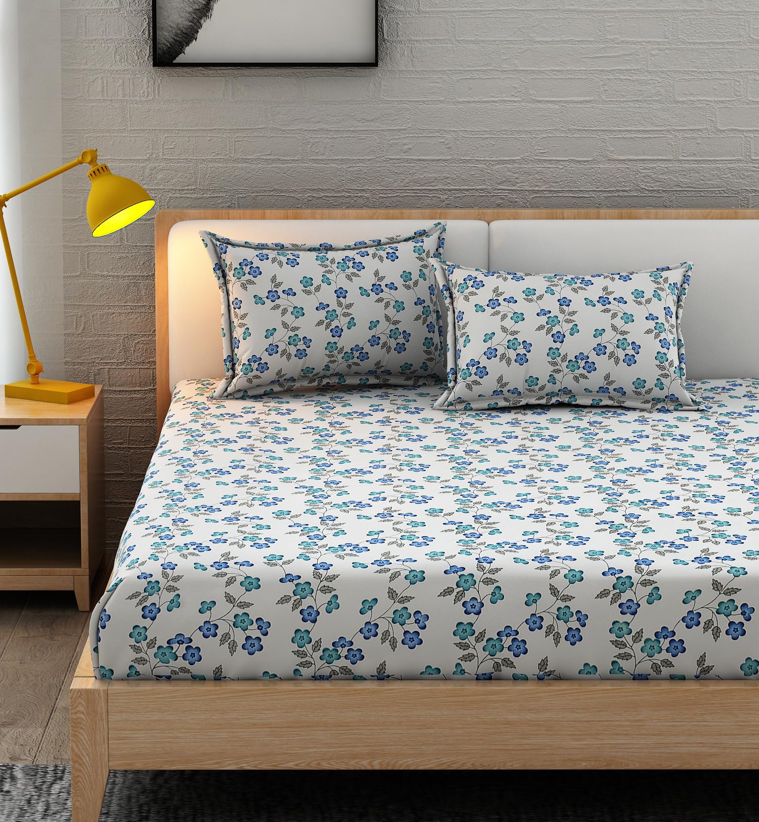 Homefab India 220 Tc Microfiber Soft Cotton Bedsheet For Double Bed With 2 Pillow Covers - (90X90 Inches) - White, Blue, Floral