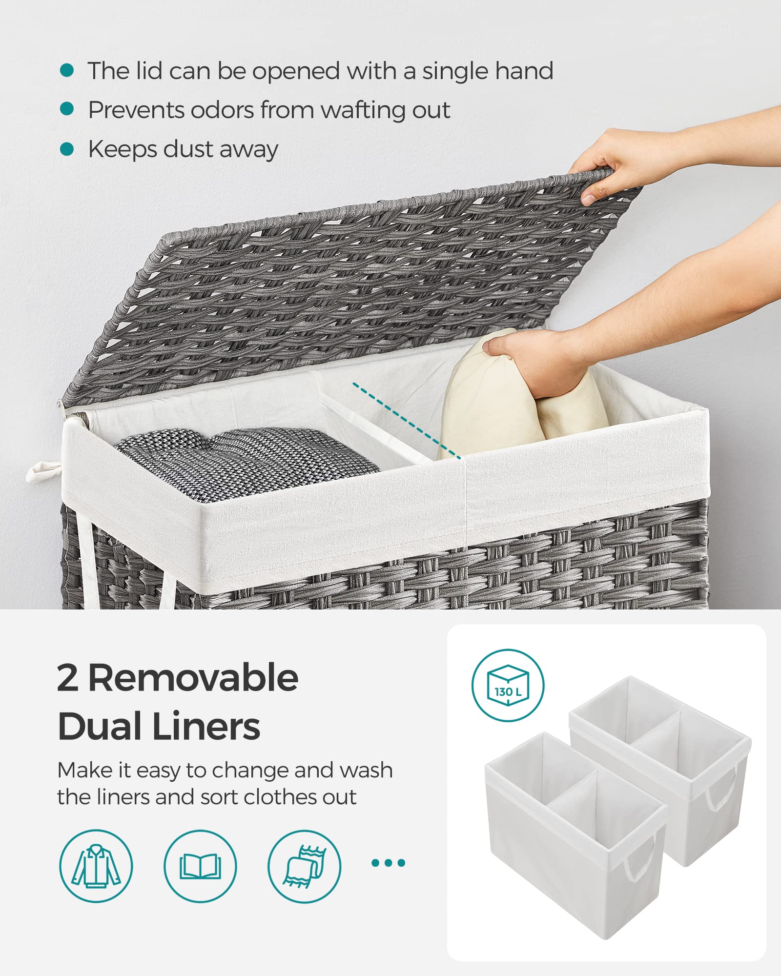Songmics 130L Clothes Hamper With Lid, 2 Removable Liner Bags, 6 Mesh Bags, Wicker, Double Laundry Basket For Bathroom, 13 X 26