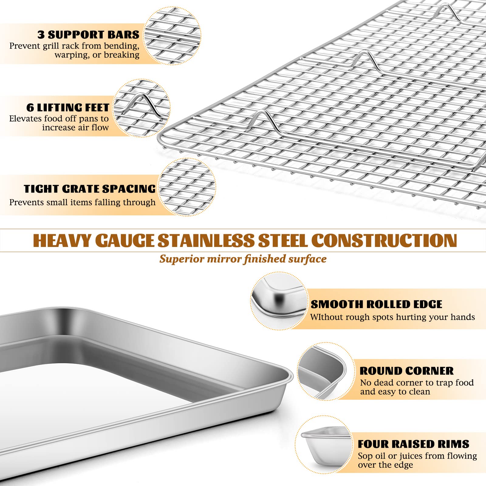 Stainless Steel Baking Sheet With Rack Set, E-Far 16   X12    Cookie Sheet Pan For Oven, Rimmed Metal Tray With Wire Cooling Rac