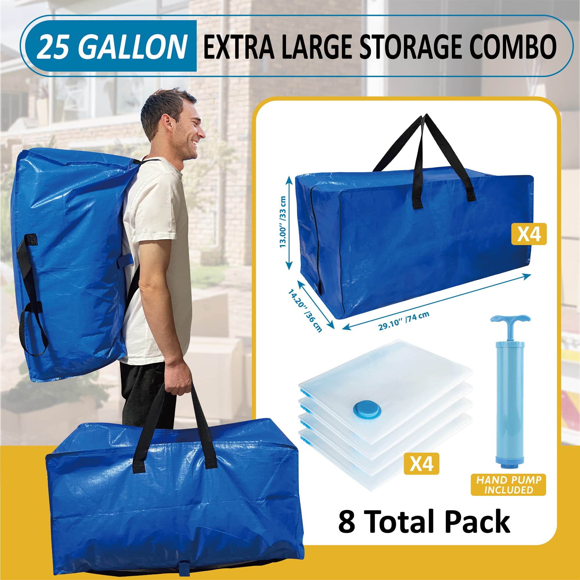 8 Pack Heavy Duty Extra Large Moving Bags With Backpack Straps & Large Vacuum Storage Bags Moving Supply Combo, Moving Totes Wit