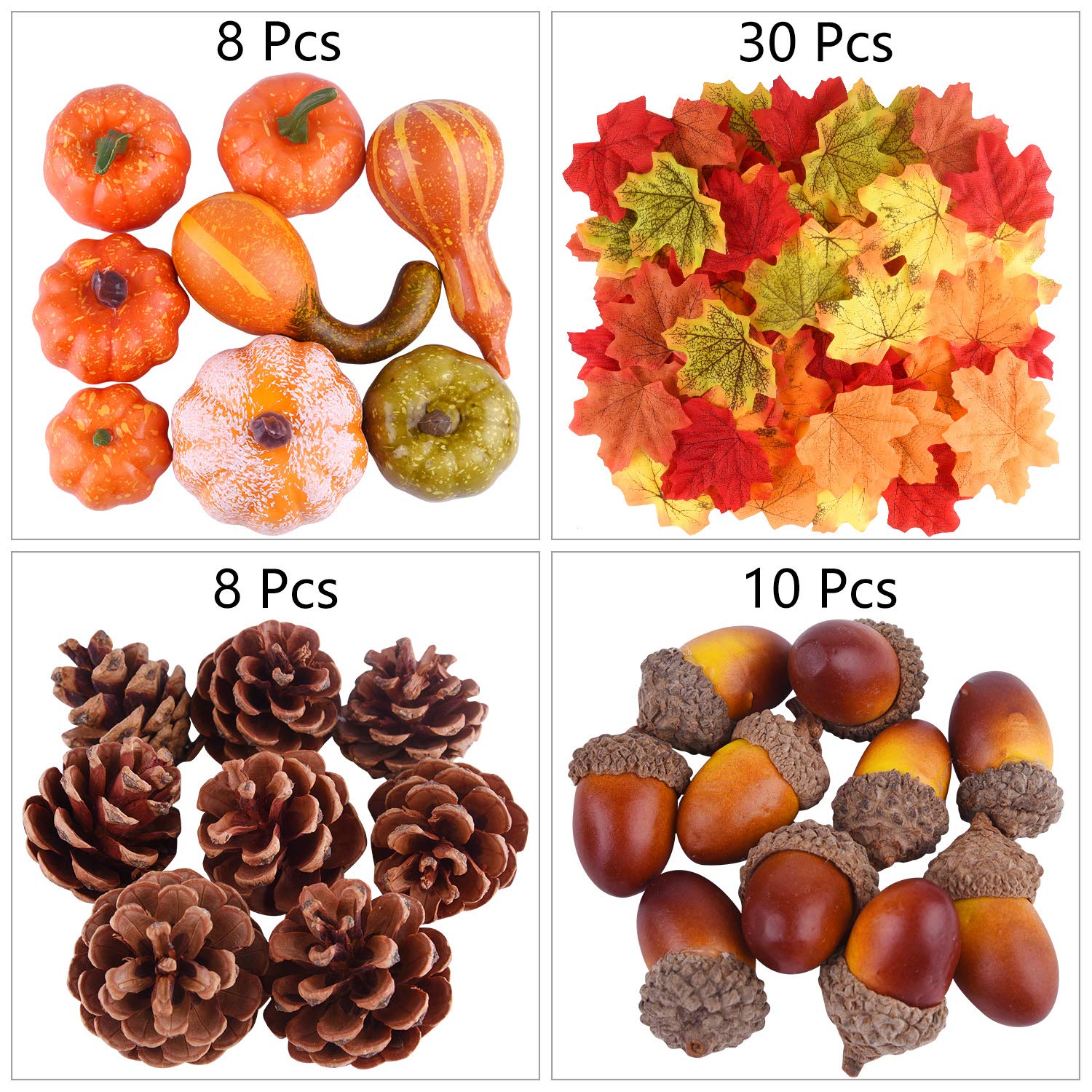 FEPITO 56 Pcs Fall Thanksgiving Decorations, Mini Artificial Pumpkins, Pine Cones, Fall Leaves, Acorns for Fall Party Decoration