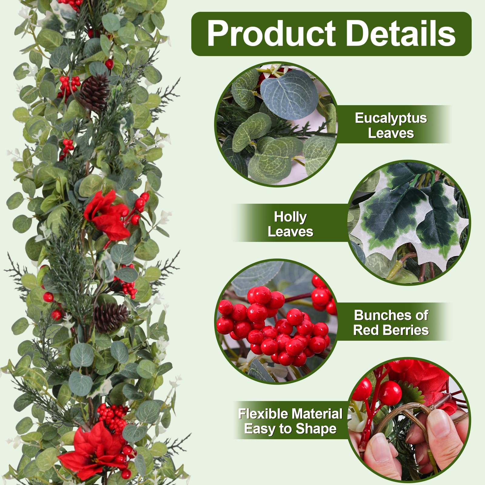 6ft Artificial Christmas Poinsettia Garland with Eucalyptus Leaves, Red Berries Garland Decor for Home, Fireplace, Wall, Porch,