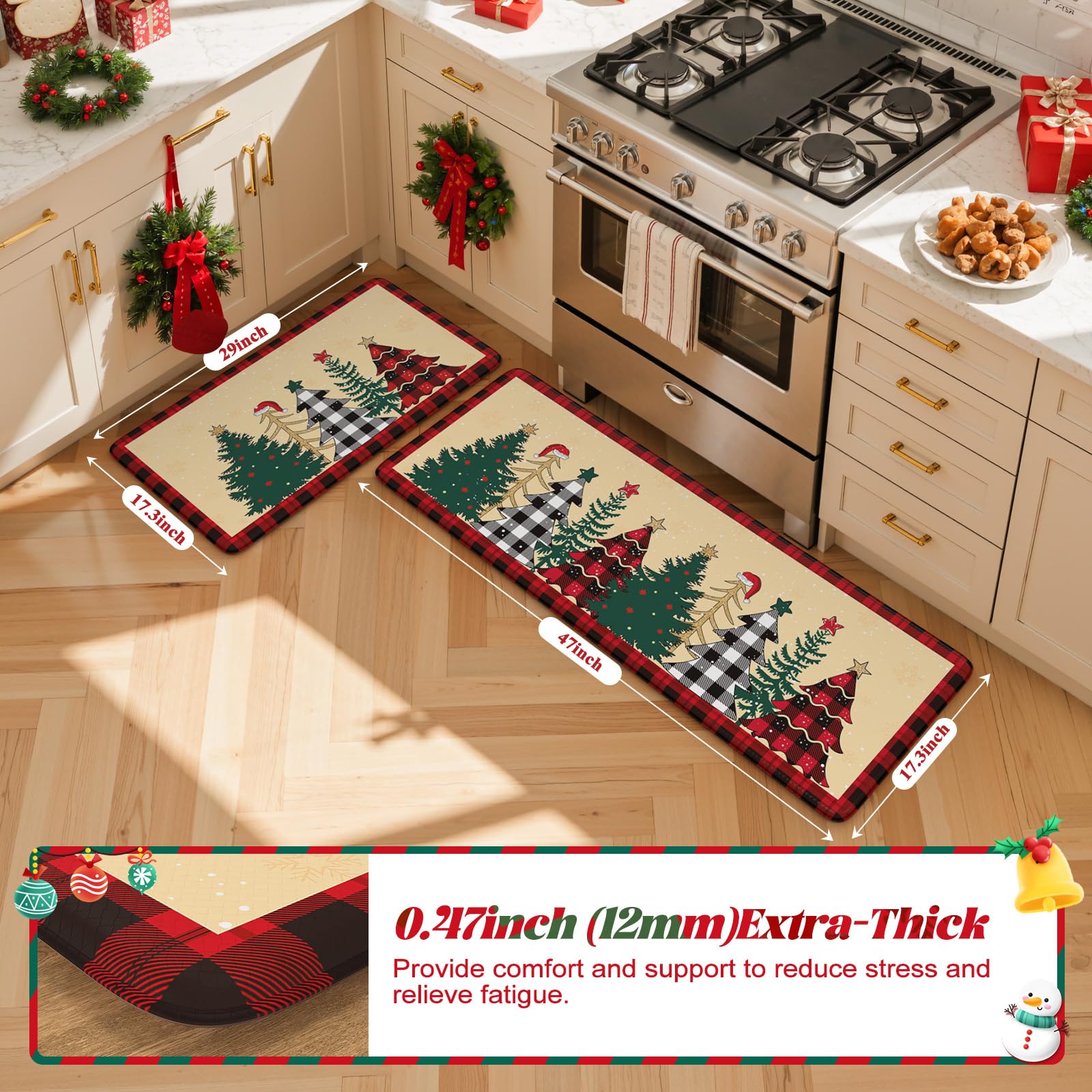 Merry Christmas Xmas Tree Kitchen Mat 2PCS, Anti-Fatigue Cushioned Waterproof Kitchen Mats for Floor Buffalo Plaid Kitchen Rug,