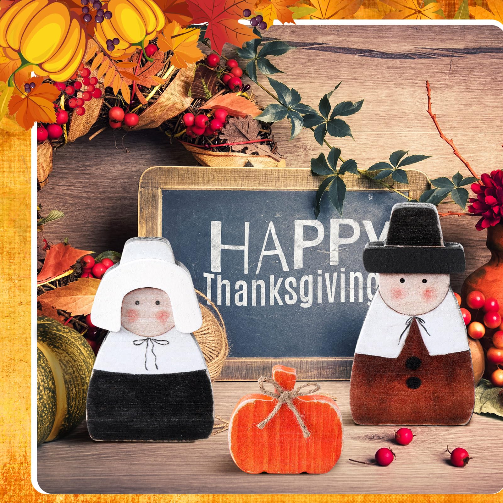 Colingmill 3 Pcs Fall Thanksgiving Decorations Fall Wooden Turkey Pilgrim Couple Table Sign Thanksgiving Standing Tabletop Decor