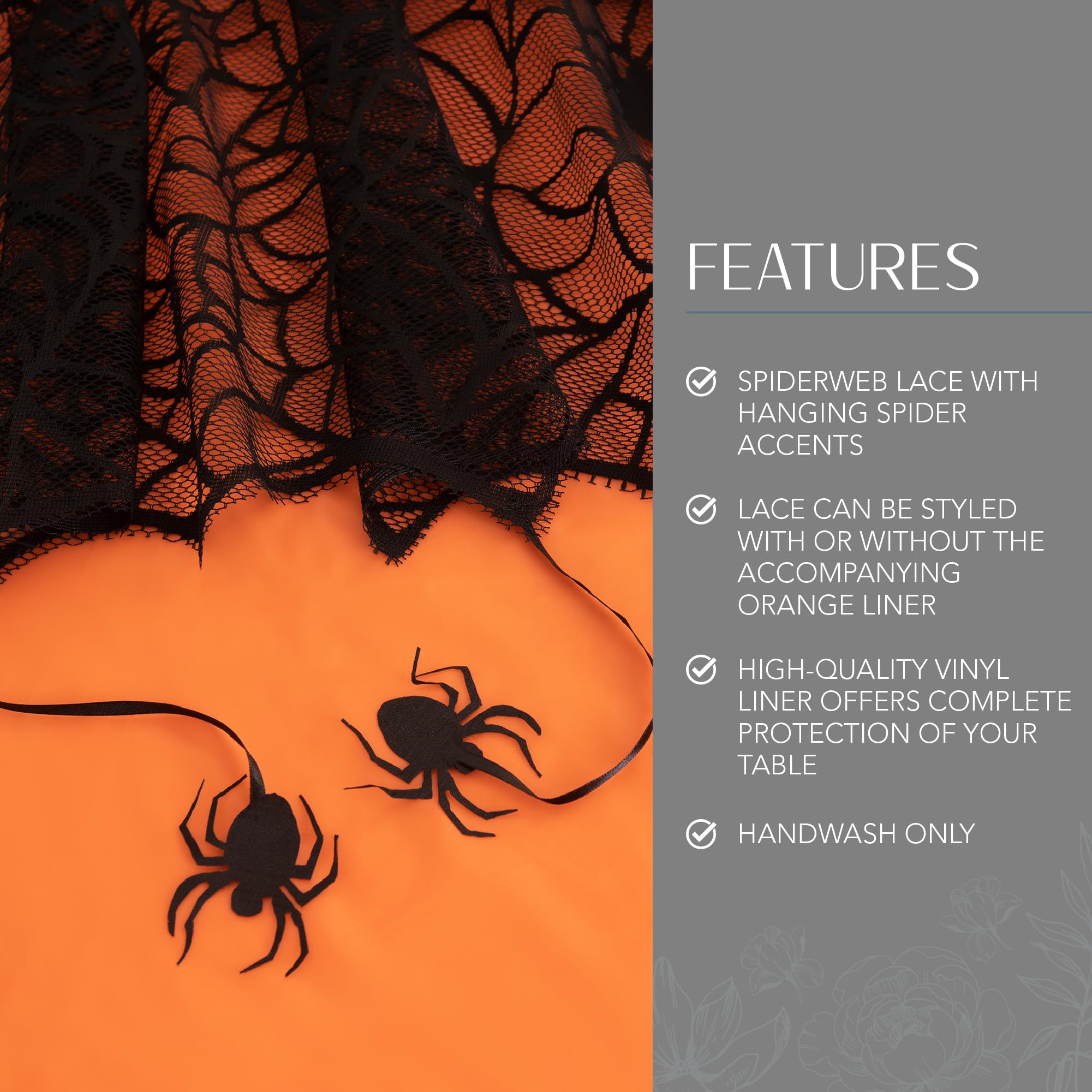 Elrene Home Fashions Crawling Spider Halloween Tablecloth Lace Lined With Removable Orange Plastic Liner, 60'' X 84'' Rectangle,