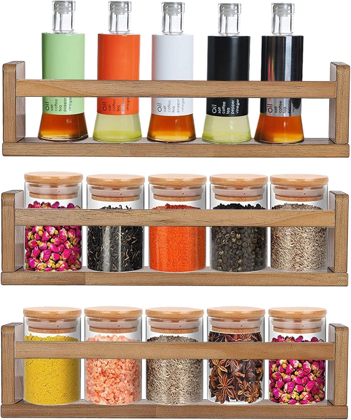 Hamdan Wood Wall Mounted Spice Rack Organiser, 3 Floating Shelves Storage For Pantry Cabinet Door, Durable Hanging Kitchen Organ