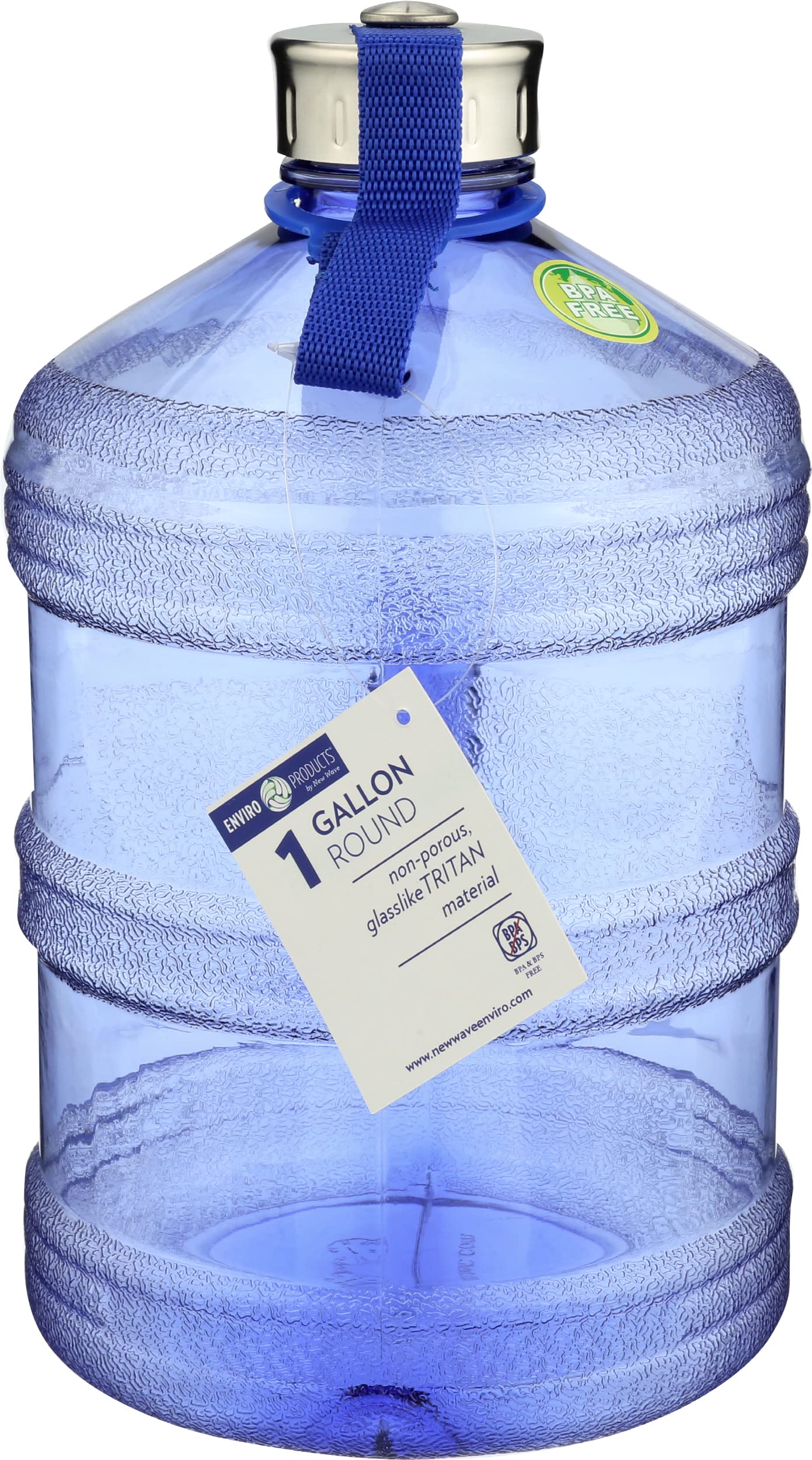 New Wave Enviro Iconic 1 Gallon BPA Free Water Bottle (Round), Built in Handle and Stainless Steel Cap, 1 Gallon Capacity Bottle