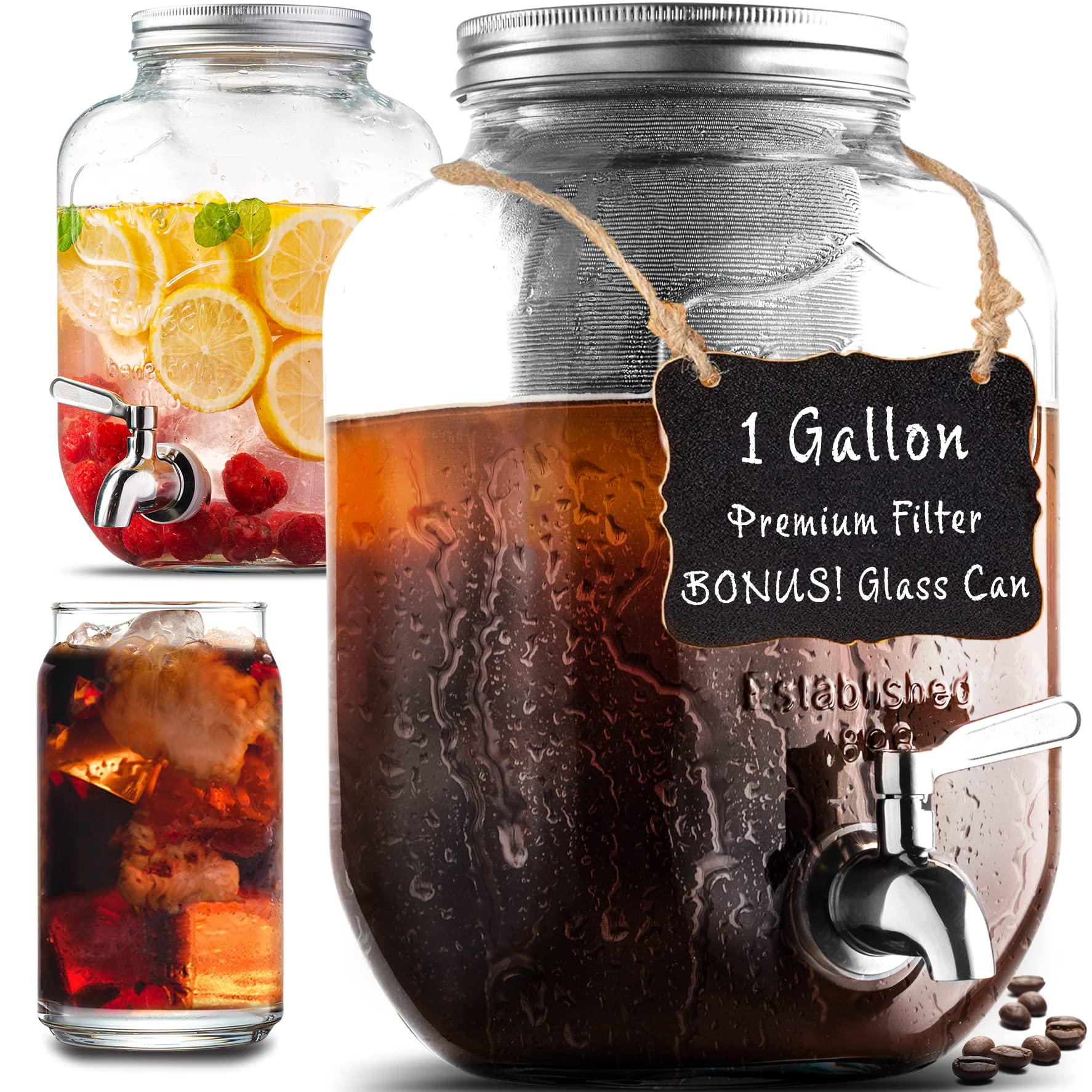 1 Gallon Cold Brew Coffee Maker - 3Rd Generation Fine Mesh Filter - Stainless Steel Spigot - Extra Thick Large Glass Mason Jar D