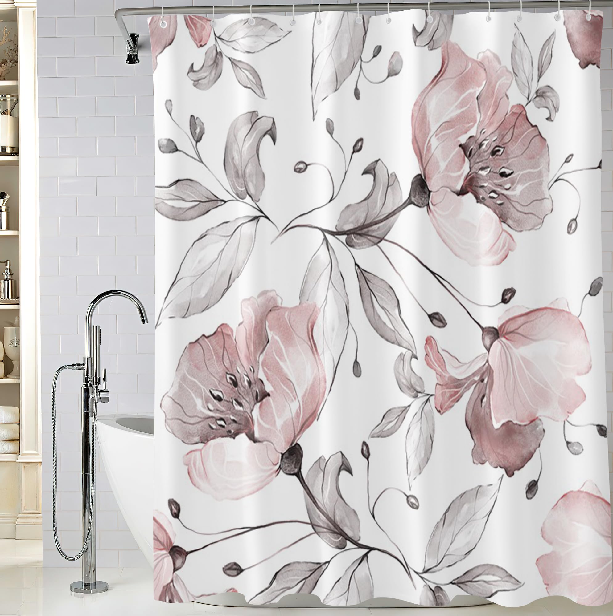 Bivinar Pink Floral Shower Curtain, Watercolor Flower Bathroom Shower Curtain, Fabric Waterproof Shower Curtain With 12 Hooks, 7