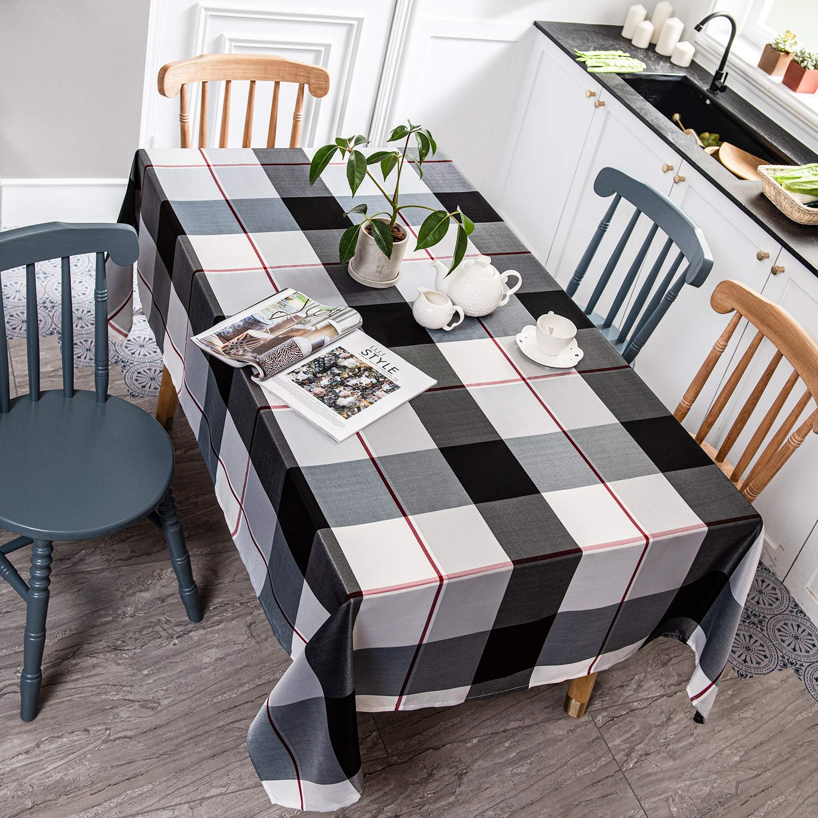 Melodieux Rectangle Plaid Check Tablecloth Spill Proof Water Wrinkle Resistant Table Cover Cotton Linen Textured Holiday Tableto