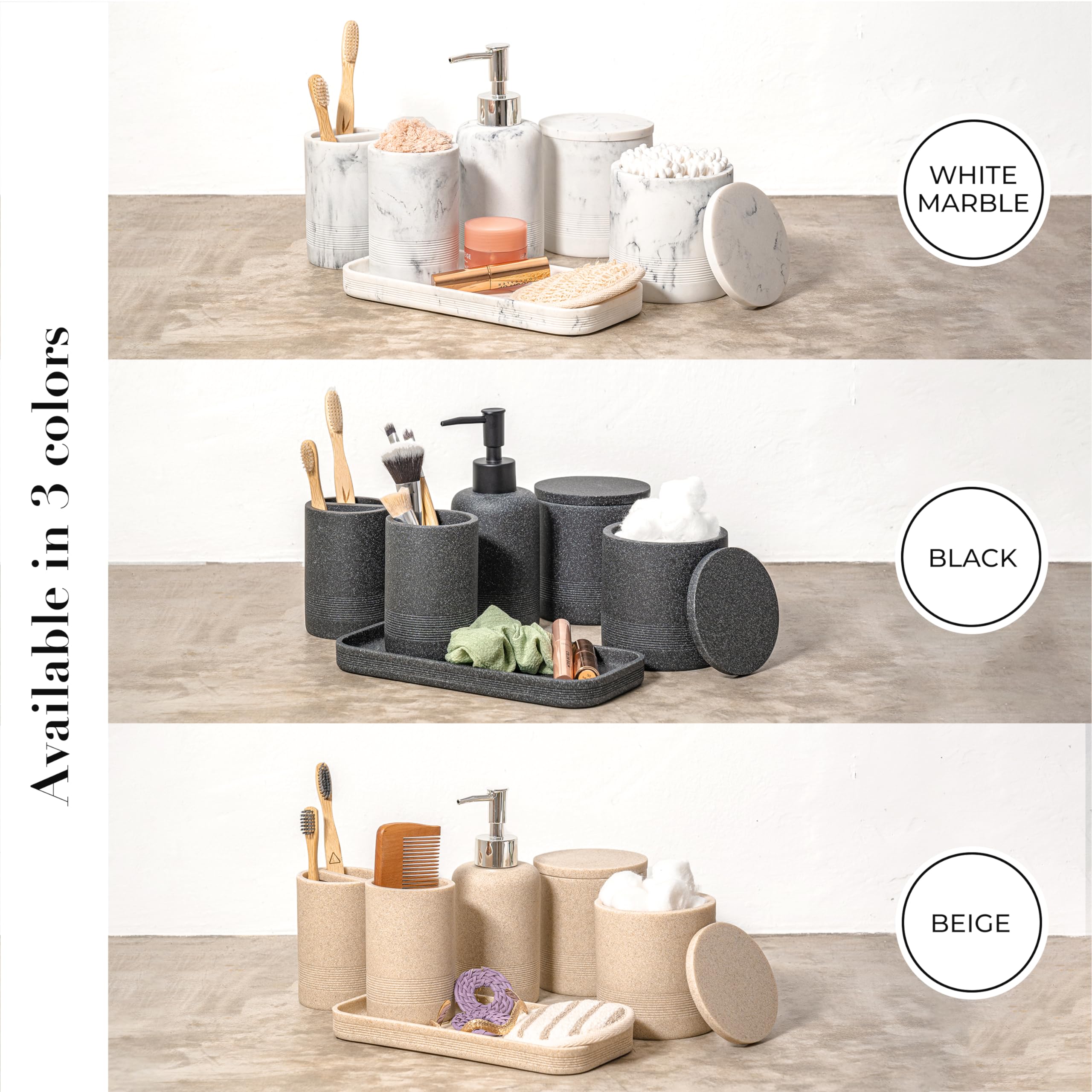 ZCCZ - Beige Bathroom Accessories Set 6 Pcs - Toothbrush Holder  Lotion Soap Dispenser  2 Qtip Holder Dispensers  Vanity Tray  Bathroom Tumbler - Countertop Vanity Organizer - Bathroom Accessory Set