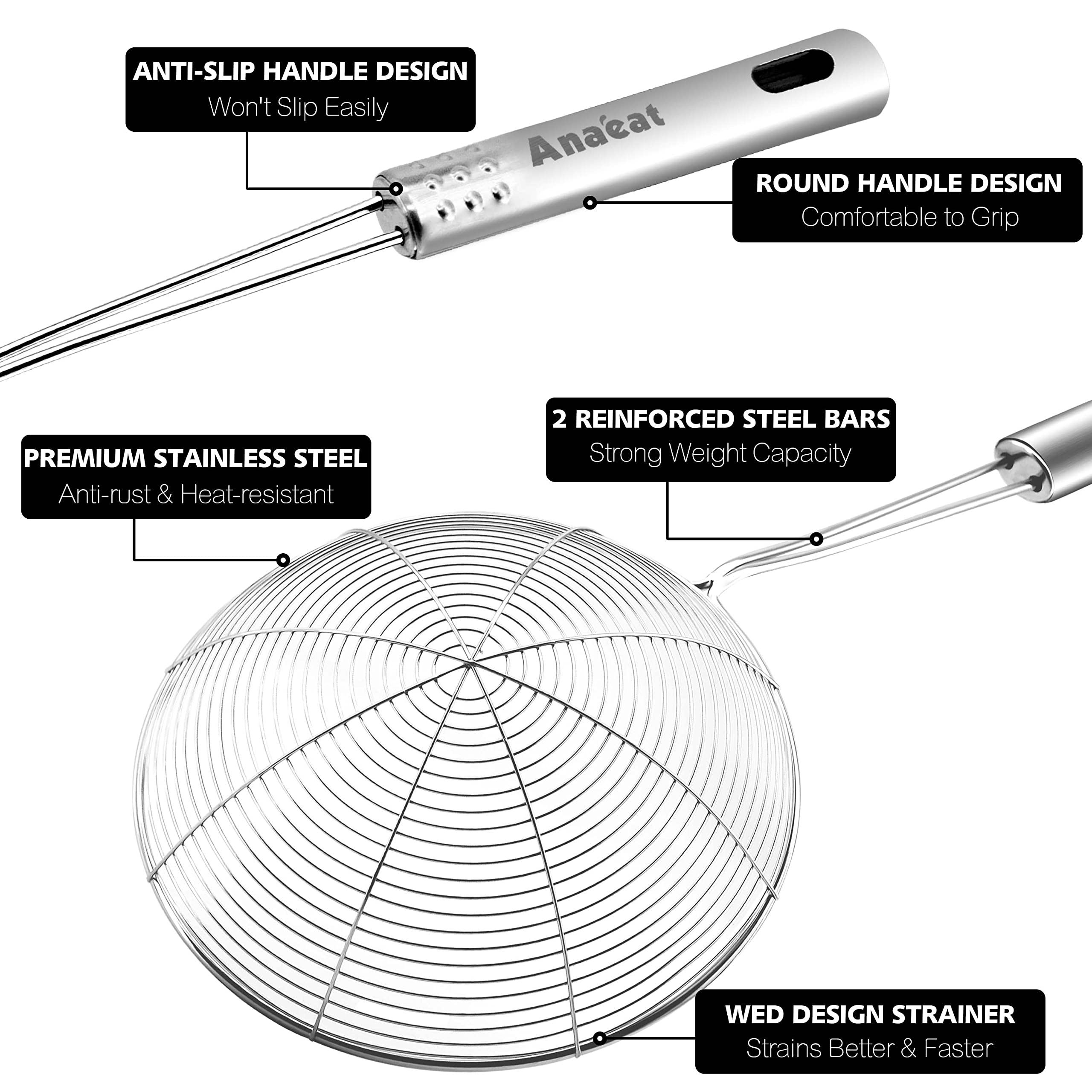 Anaeat 5.3'' Stainless Steel Spider Strainer Skimmer  Professional Kitchen Pasta Strainer Spoon with Long Handle - Asian Strainer Ladle Wire Skimmer Spoons for Cooking and Frying