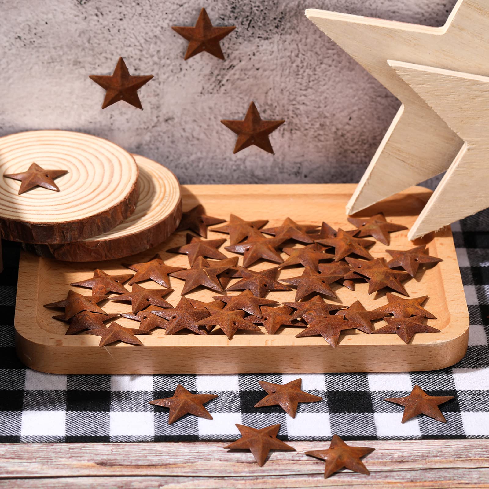 Hotop 24 Pieces Metal Rusty Barn Star for Crafts with Holes 1.18 Inch Antique Primitives Rustic Country Star Craft Ornaments 3D