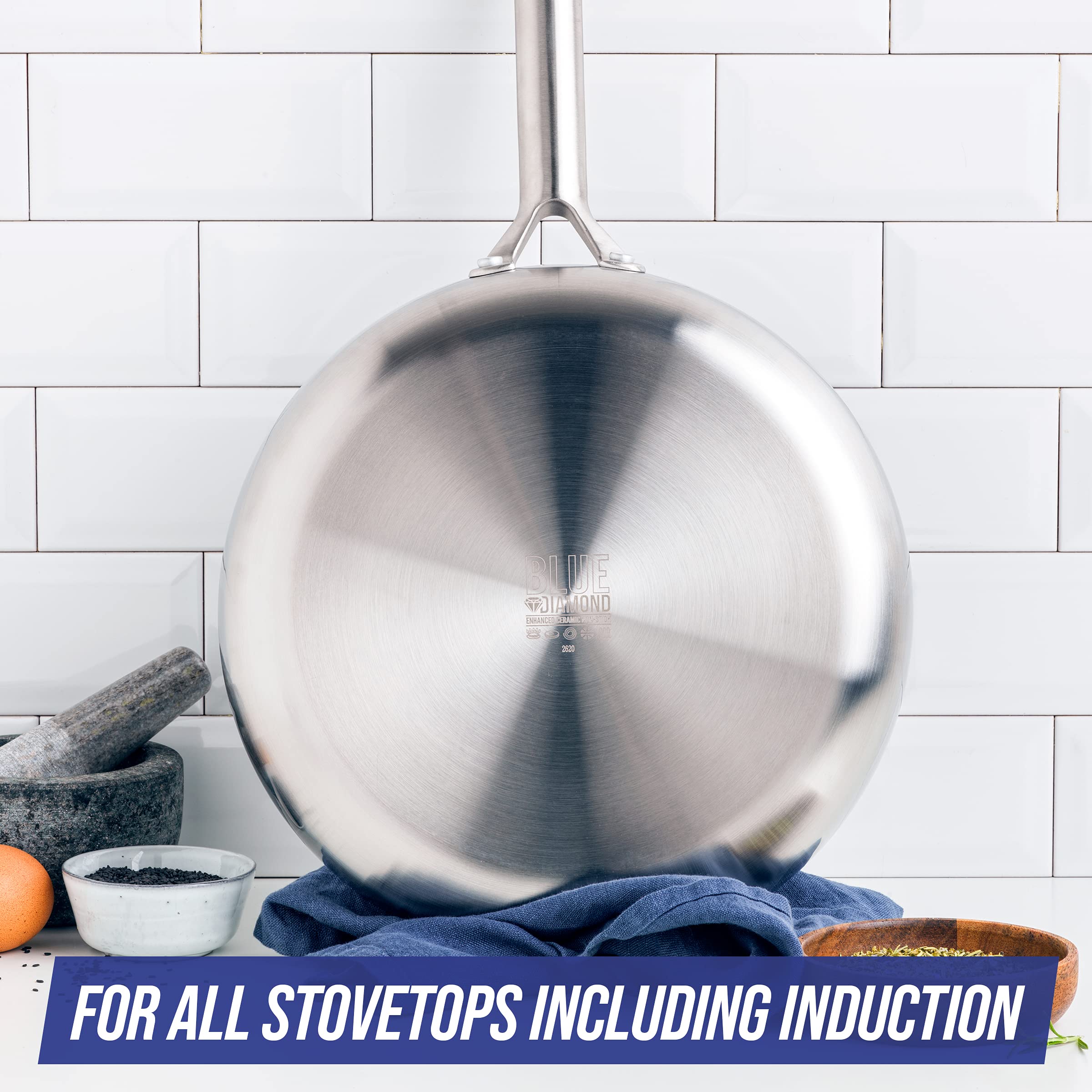 Blue Diamond Tri-Ply Stainless Steel Ceramic Nonstick Frying Pan Skillet, 8 Inch, Pfoa-Free Pfas-Free, Multi Clad, Induction, Di