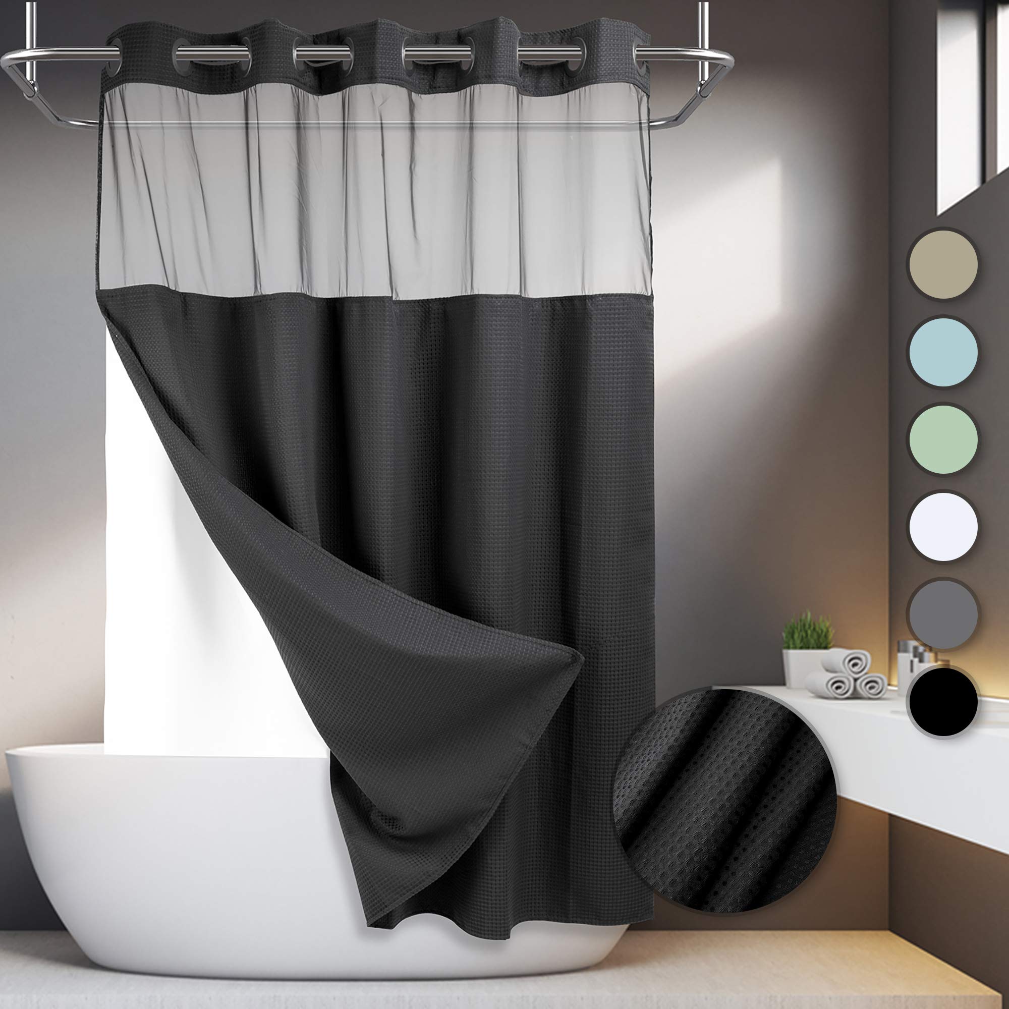 No Hooks Required Waffle Weave Shower Curtain With Snap In Liner - 71W X 74H,Hotel Grade,Spa Like Bath Curtain,Black