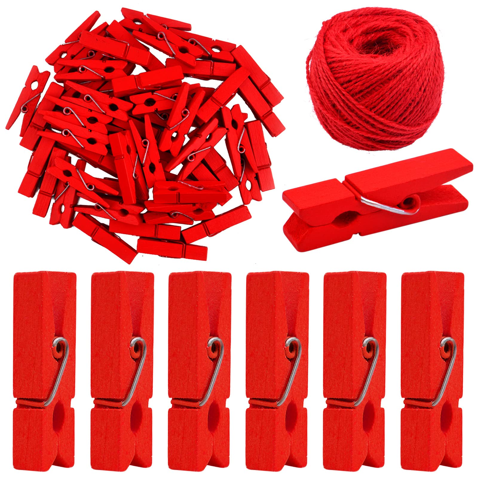 Bronagrand 50 Pieces Red Wooden Clothespins Photo Paper Clips Mini Laundry Peg Pins With 50 Meters Twine For Diy Crafts Christma