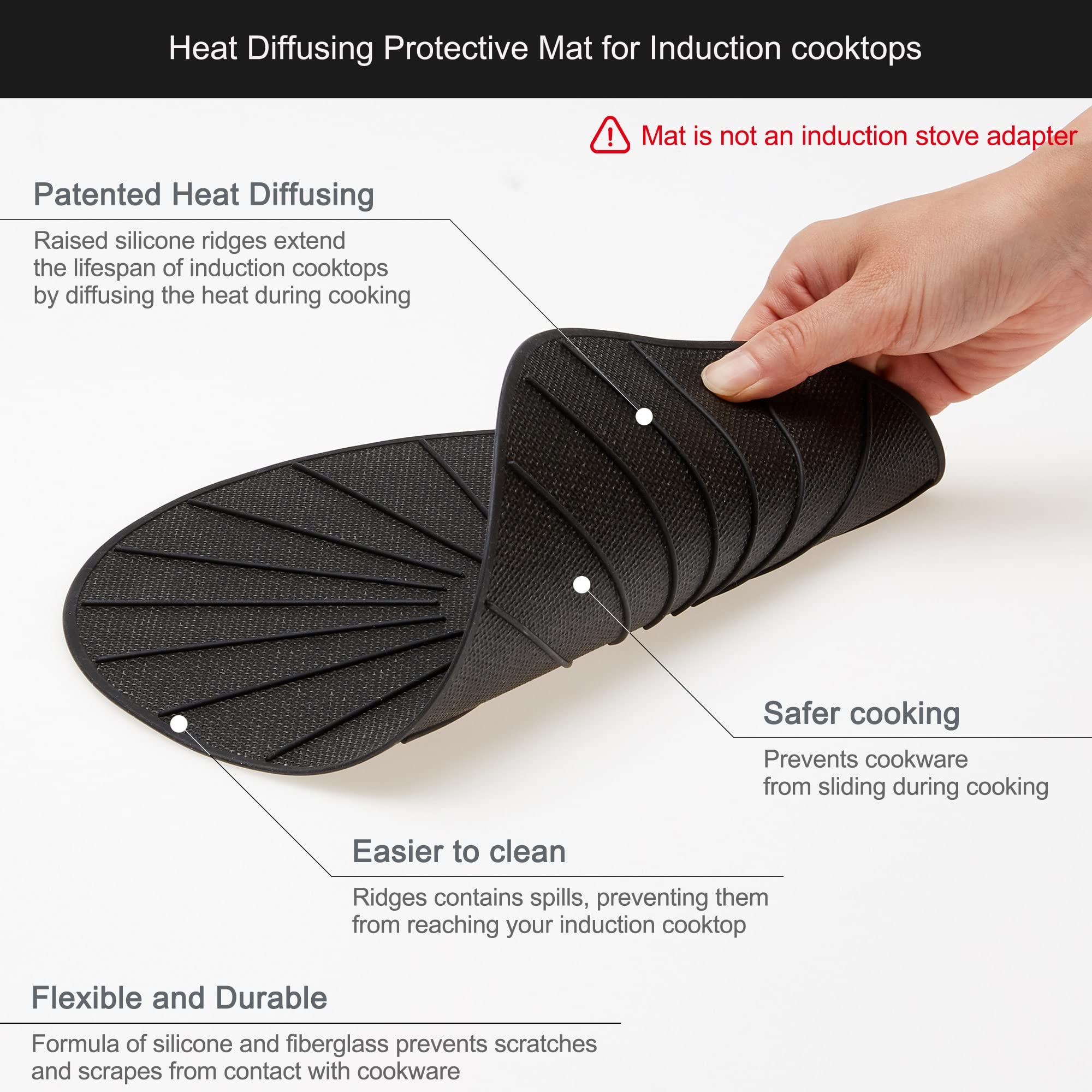 Lazy K Induction Cooktop Mat - Silicone Fiberglass Scratch Protector - 9.4in Black Non-Slip Pad for Magnetic Stoves