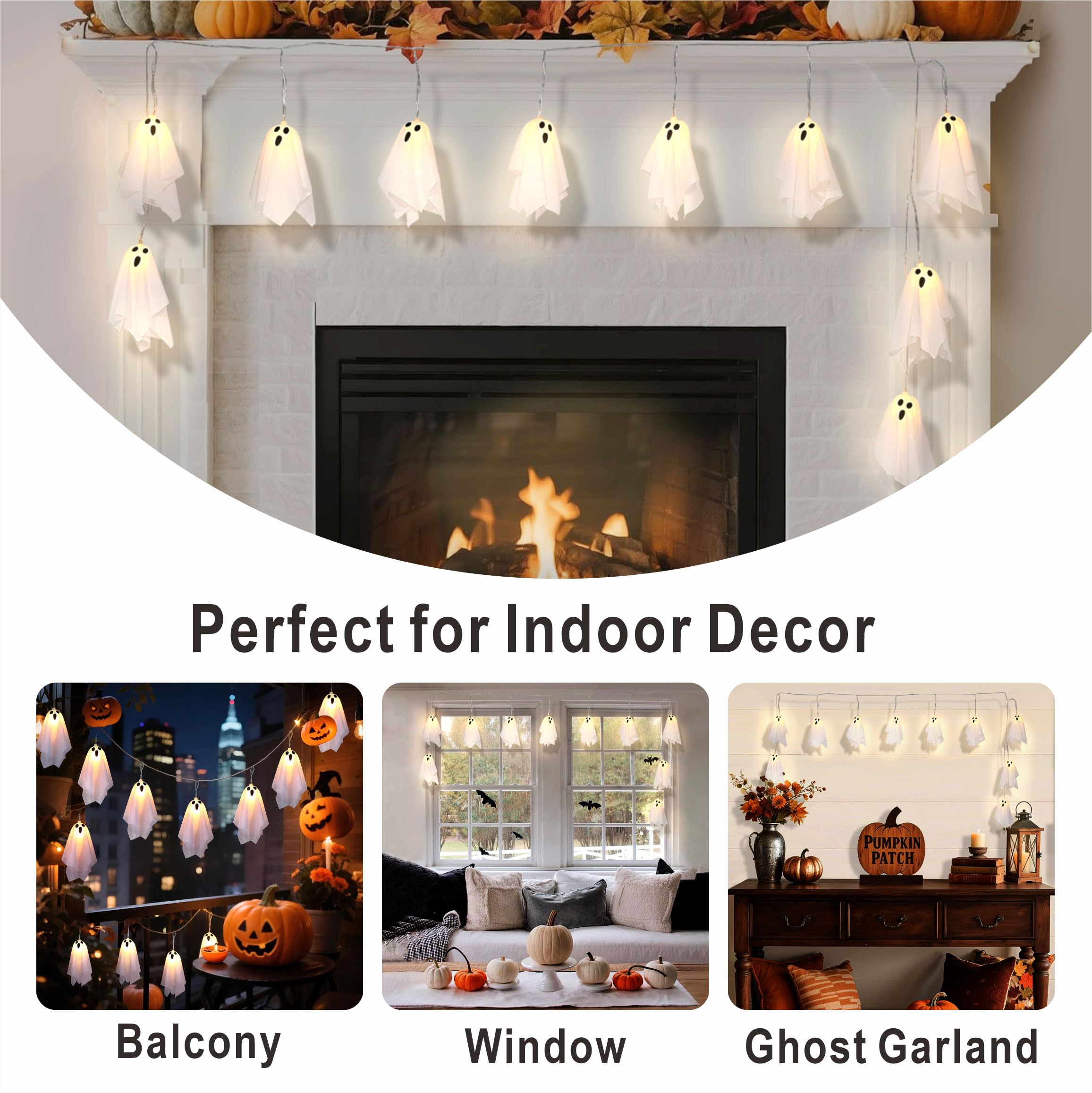 Halloween Decoration String Lights, Light up Ghost Garland, 7.5ft Battery Operated Ghost Lights with 10 LED for Mantle, Fireplac