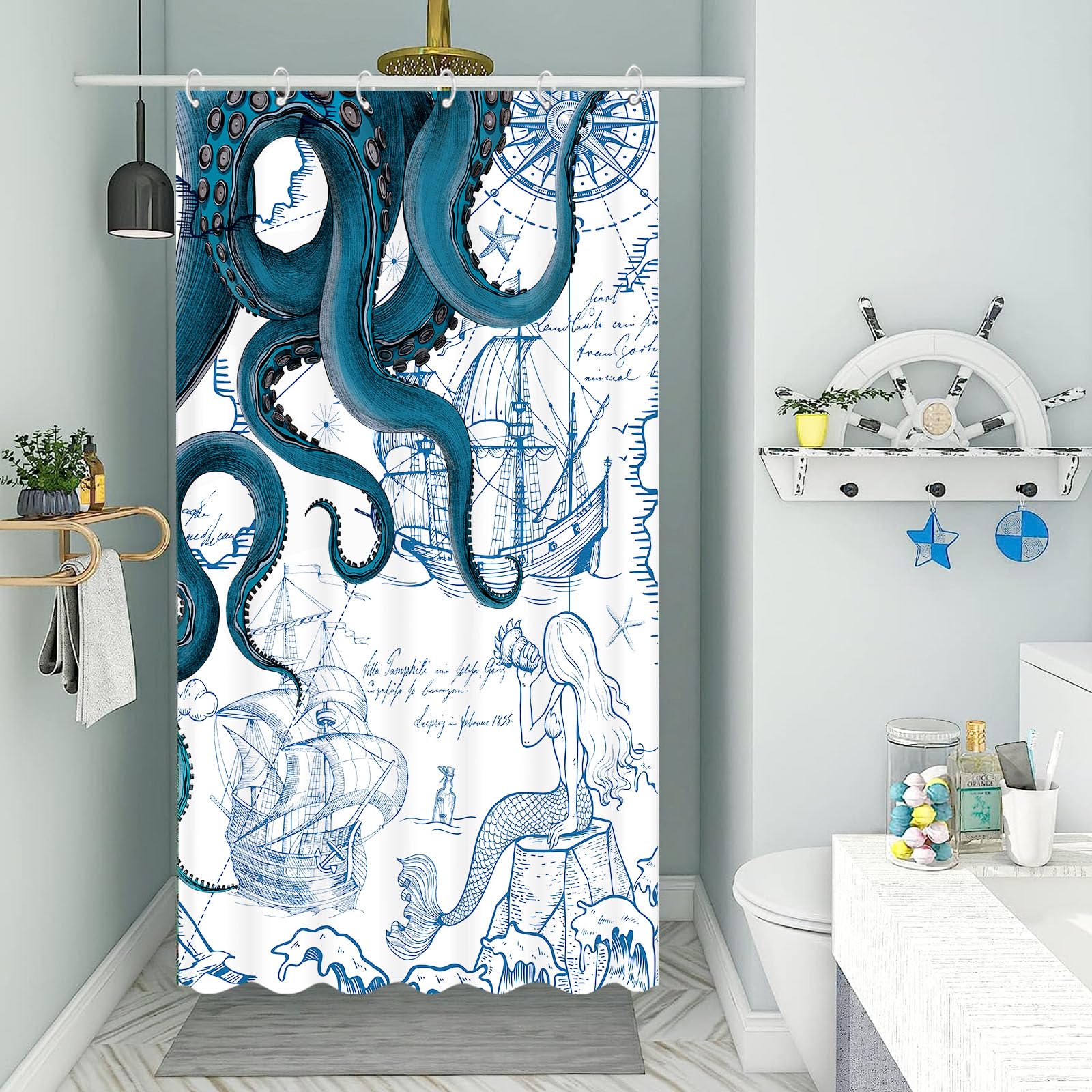 Fungarth Stall Blue Nautical Octopus Shower Curtain Navy Mermaid Funny Ocean Kraken Shower Curtains For Bathroom Cool Anchor Coa