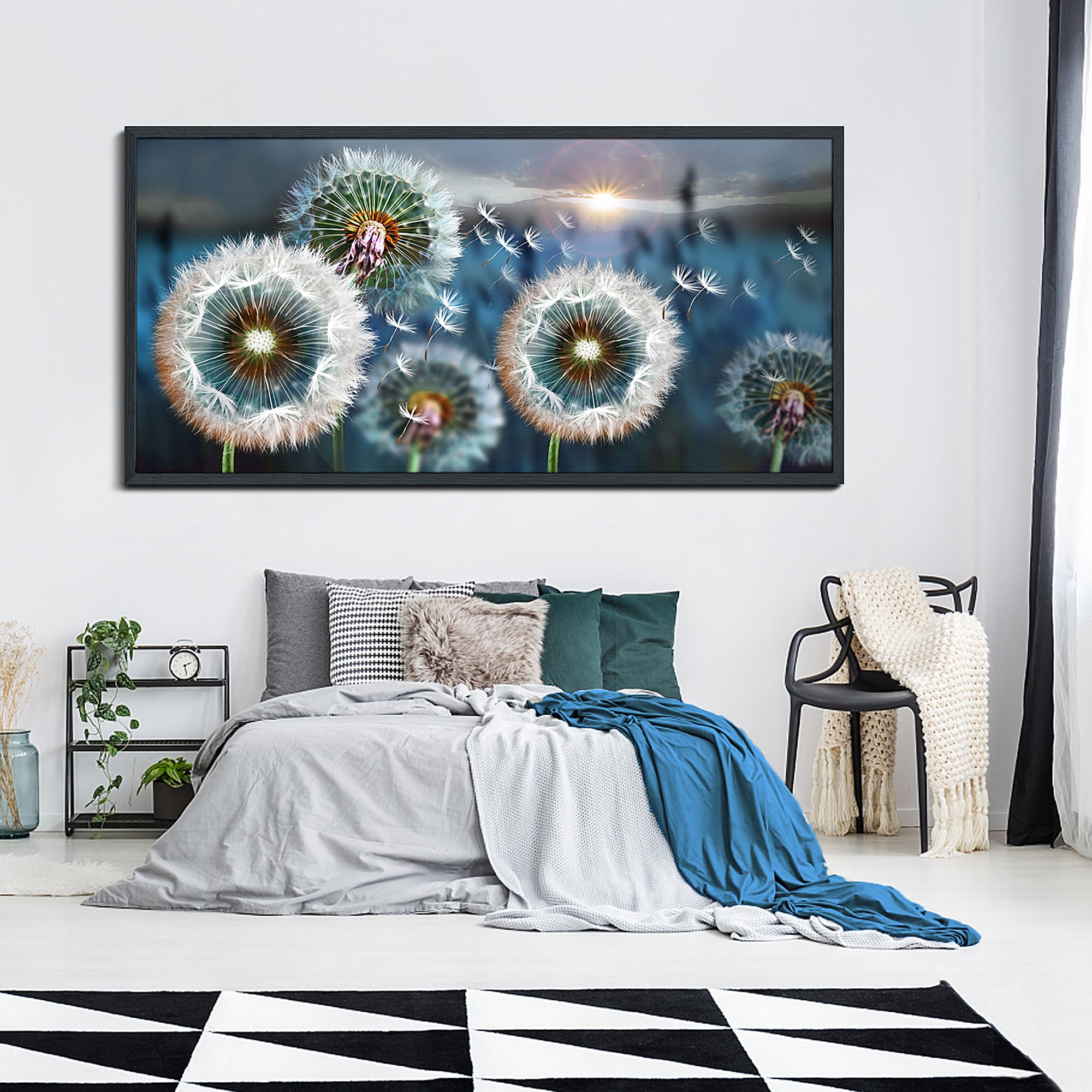 Black Framed Wall Artlarge Wall Art Dandelion Theme Canvas Art Wall Decor For Living Room Abstract White Dandelion Sun Blue Land