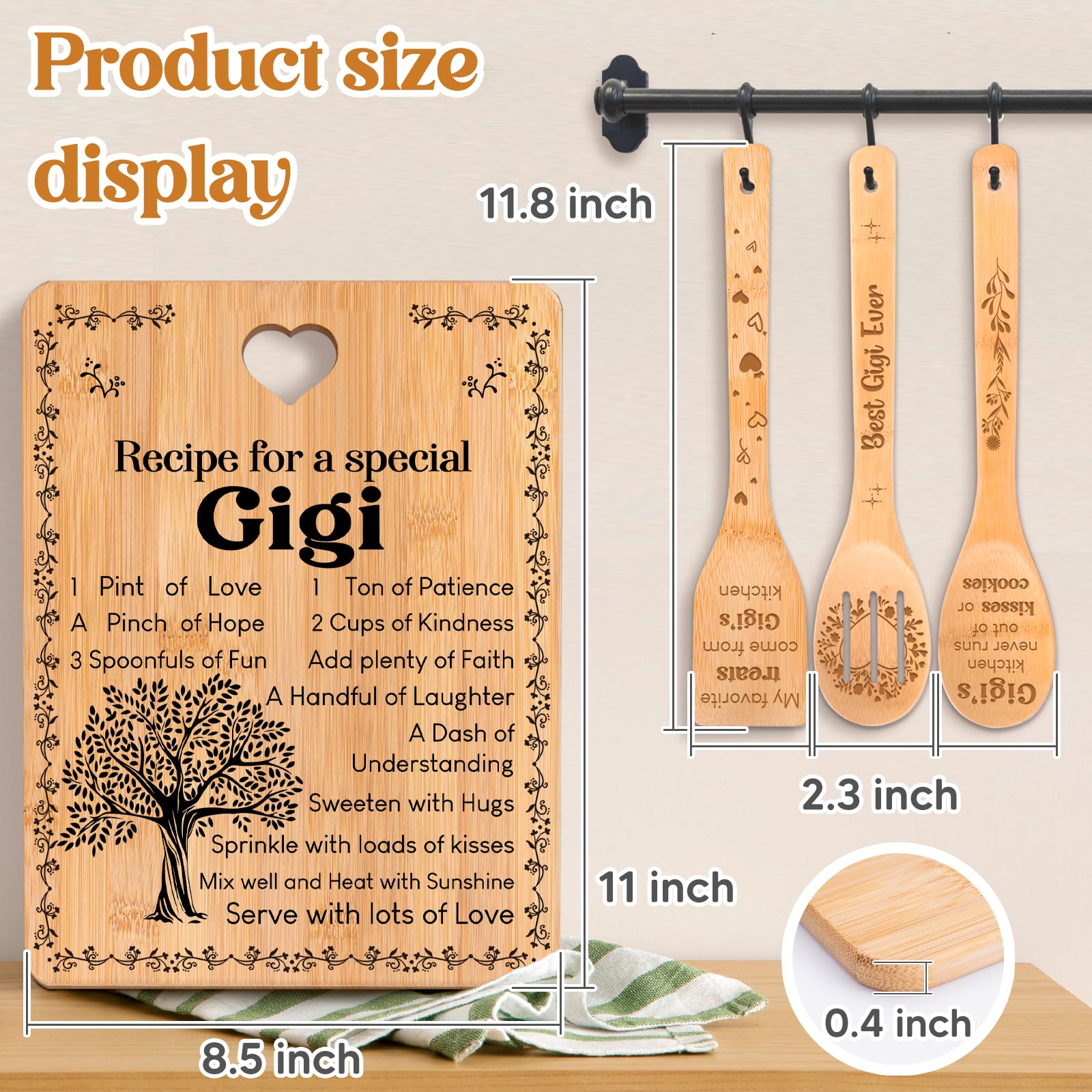 Gigi Gifts -  Recipe for a Special Gigi  Gigi Gifts for Grandma Cutting Board Set, Bamboo-Made Engraved Utensil Set Gifts for Gi
