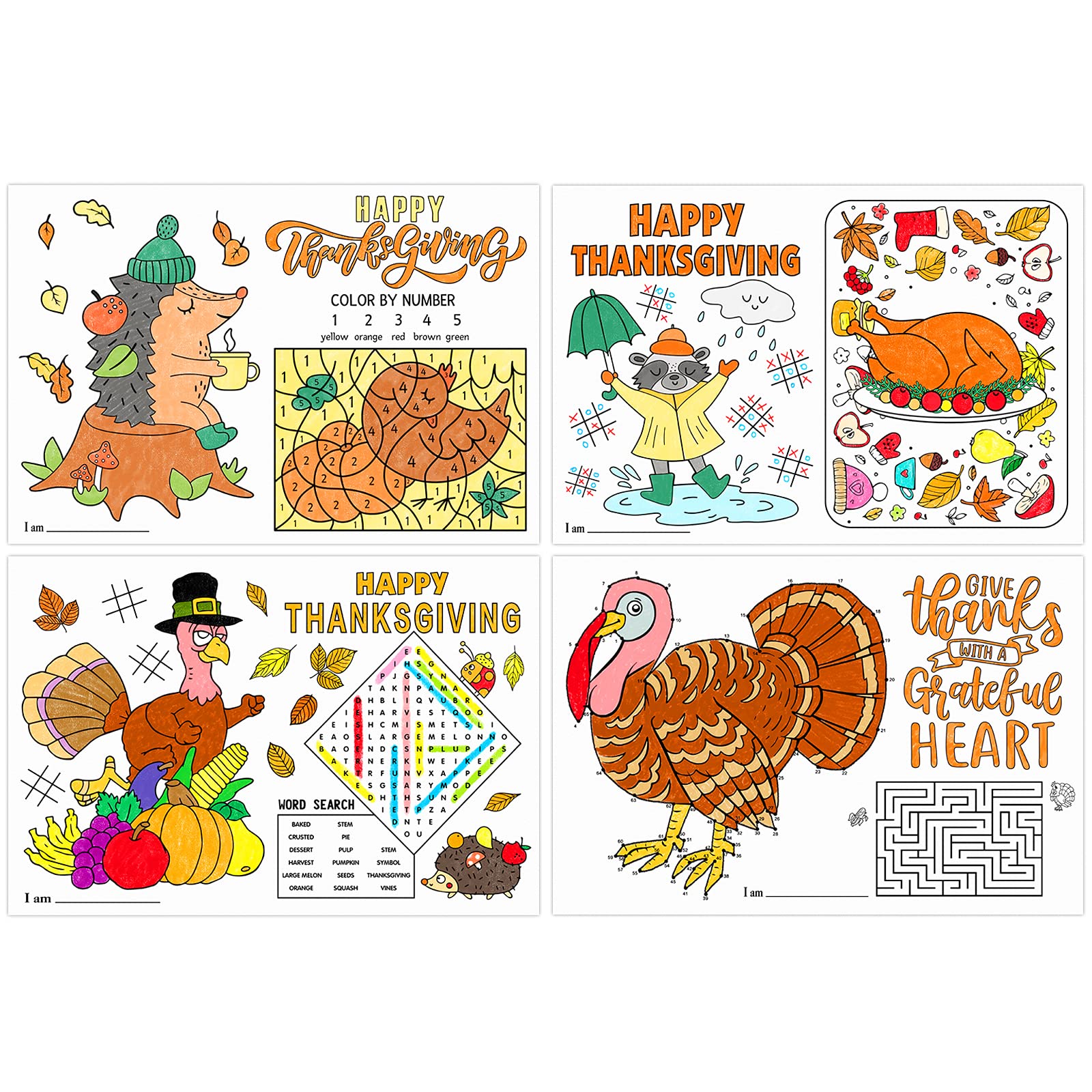 Whatsign Thanksgiving Placemats For Kids 12 Sheets Thanksgiving Coloring Paper Placemats Fall Thanksgiving Paper Table Mat For T
