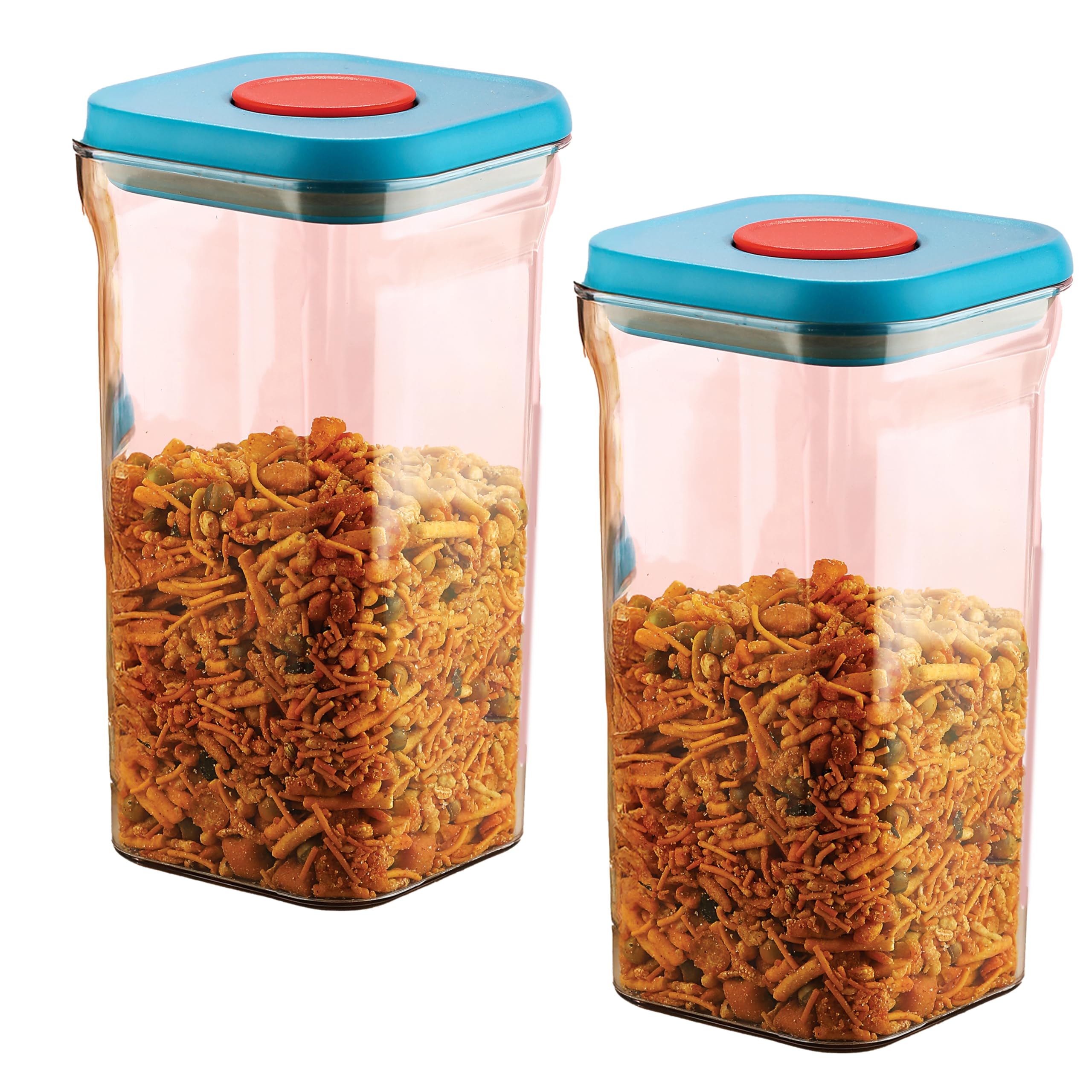 Hazel Airtight Storage Containers With OneTouch Lid | Stackable Jars For Snacks, Pasta, Dal, 1300 Ml, Blue, Set Of 2