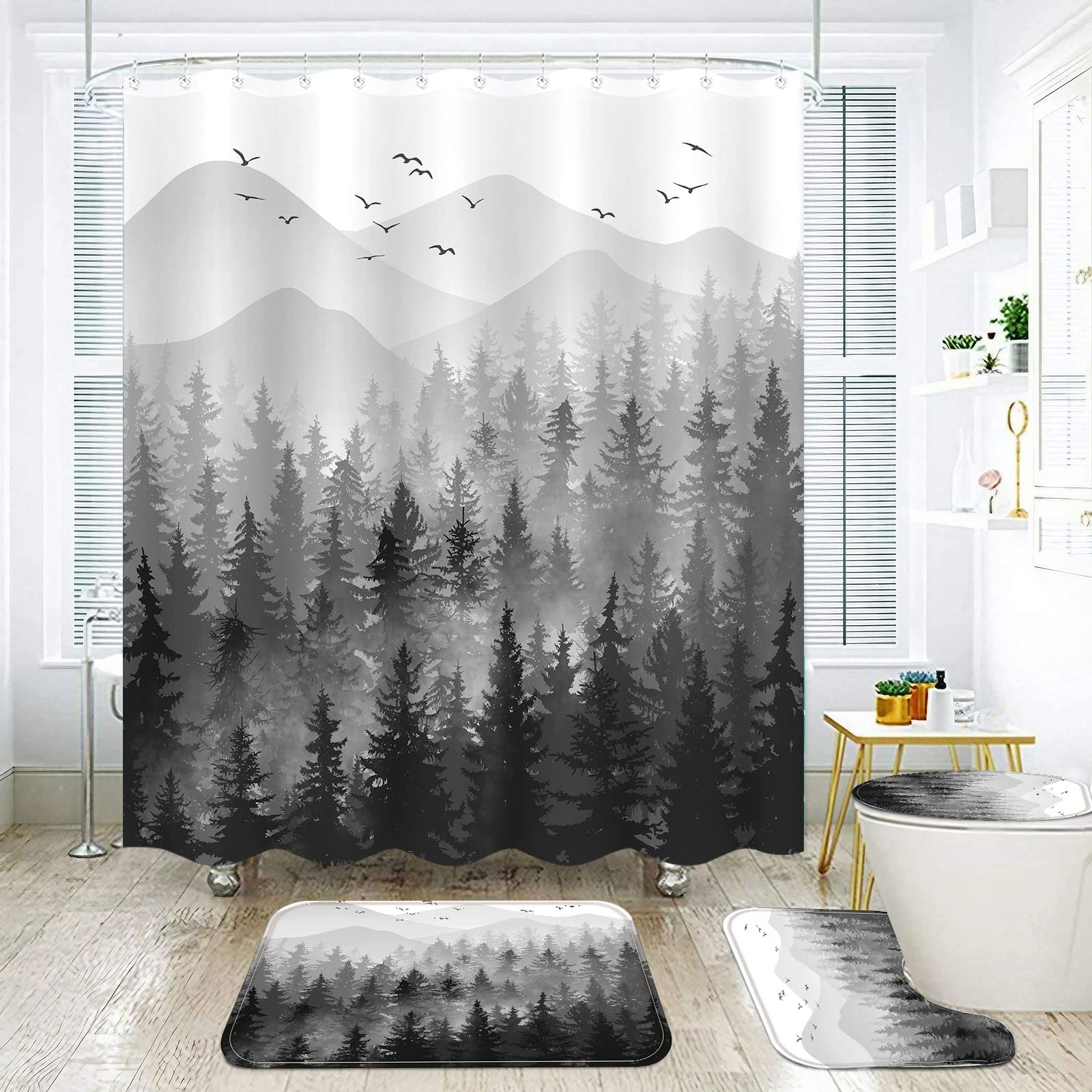 Fungarth 4 Pcs Black White Misty Forest Shower Curtain Set With Rug Mountain Bathroom Sets With Waterproof Fabric Shower Curtain