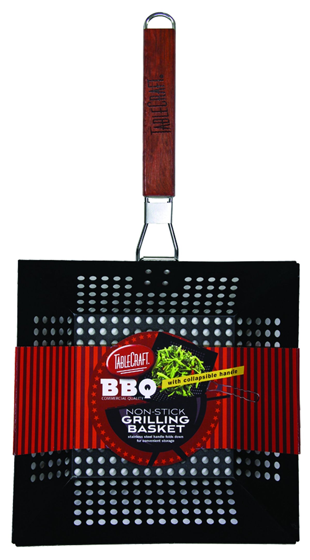 Tablecraft Bbq Nonstick 21-Inch Square Grilling Basket With Wood Handle, Small, Black