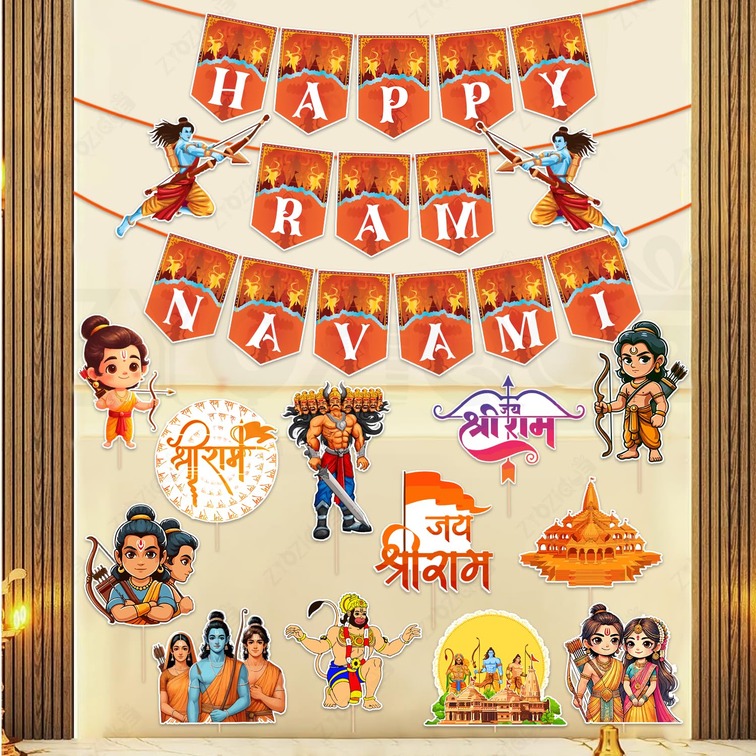 Zyozique Happy Ram Navami Decorations Item, RamNavami/Ramayan Theme Paper Banner & PhotoBooth Props, Ram Navami Backdrop Decorat