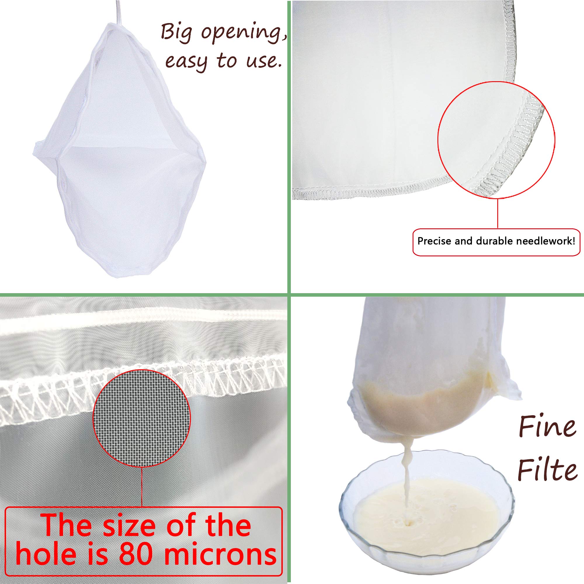 2 Pack - 80 Micron Nut Milk Bag - 12X12 Inches - Multiple Usage Reusable Food Strainer, Cold Brew Coffee Bag, Food Grade Nylon M